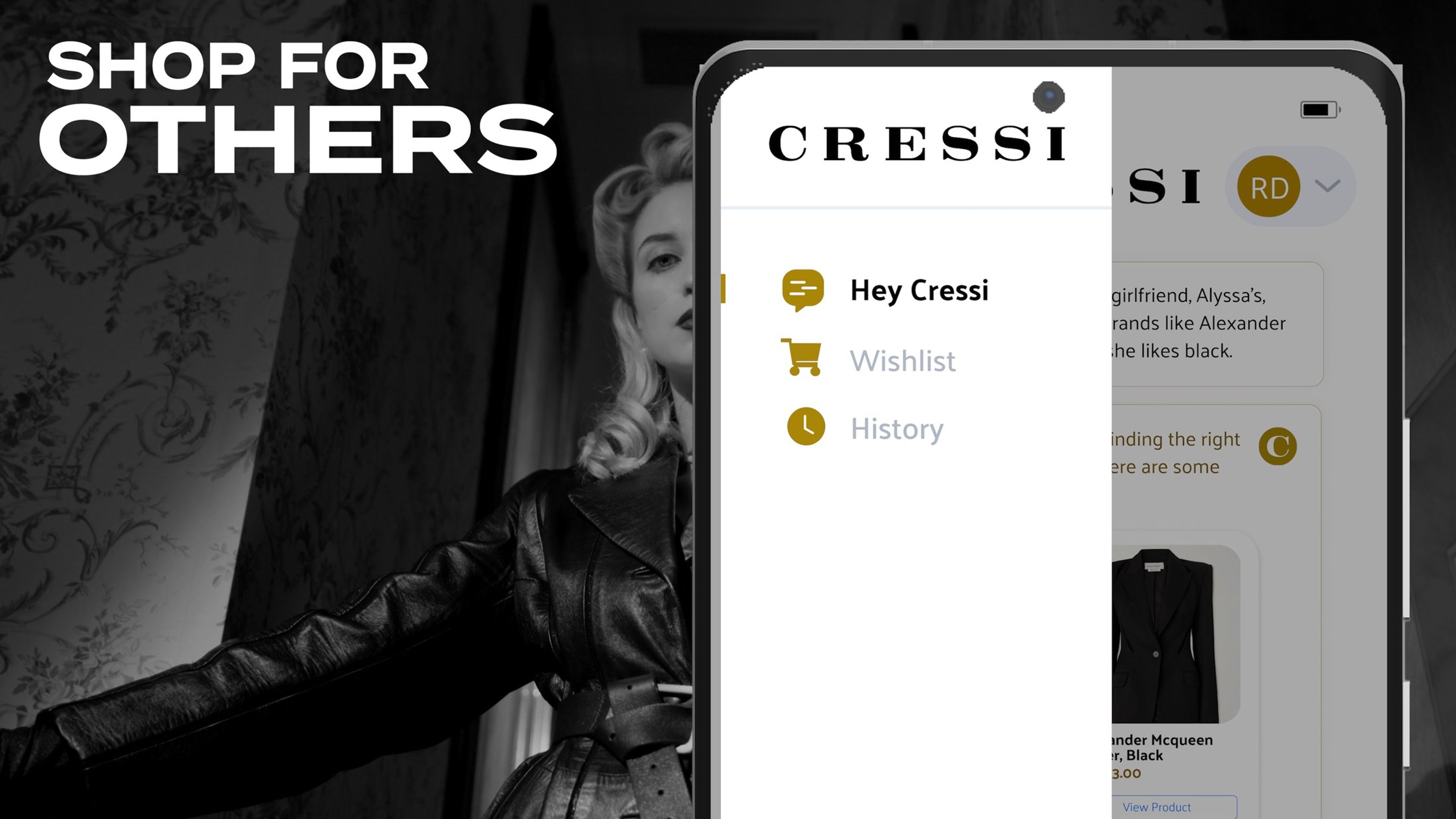 A woman in a black leather coat beside the CRESSI side menu, with the text 'Shop for others'