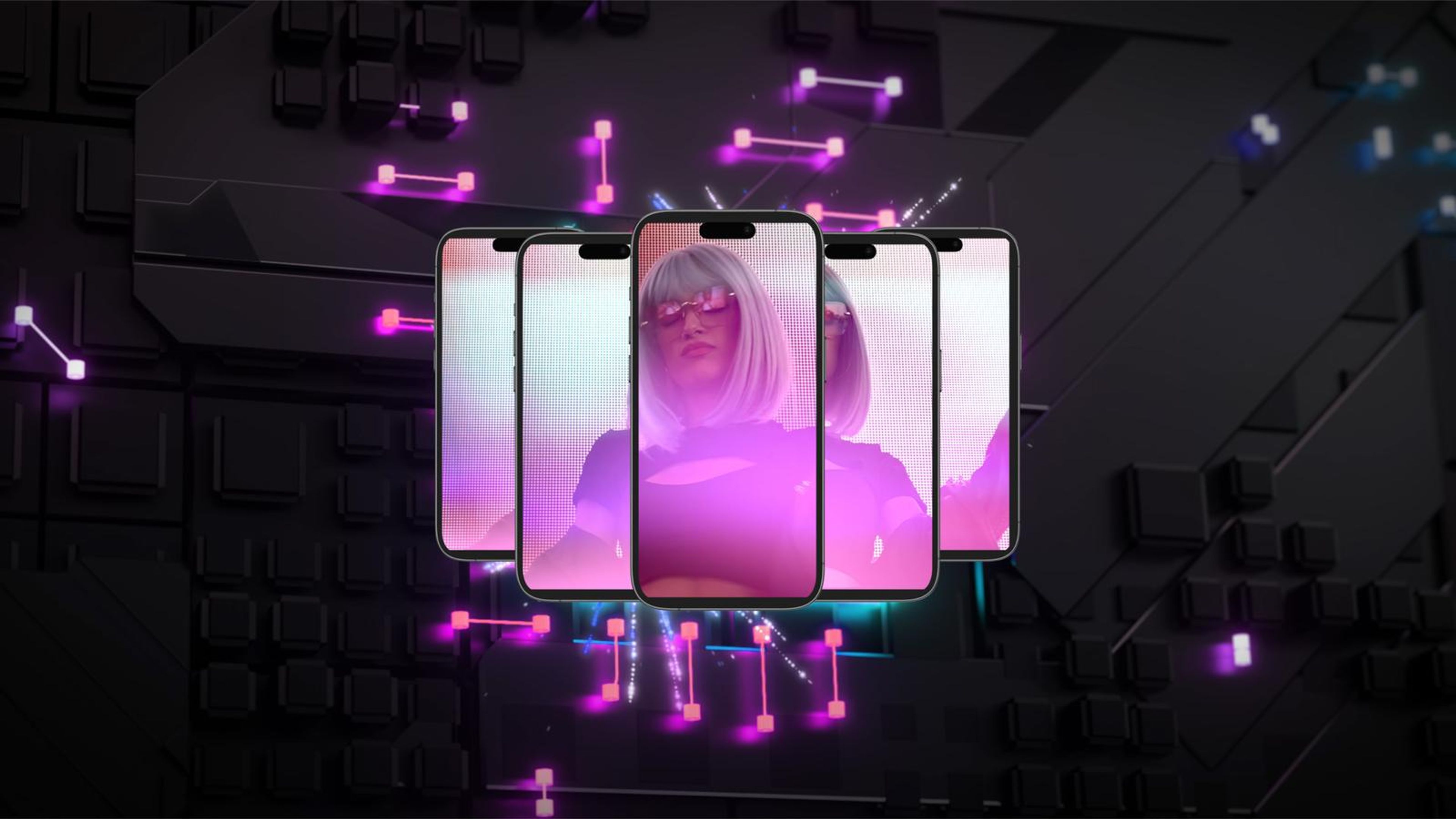 16:9 frame of phone screens connected by glowing lines on a dark background