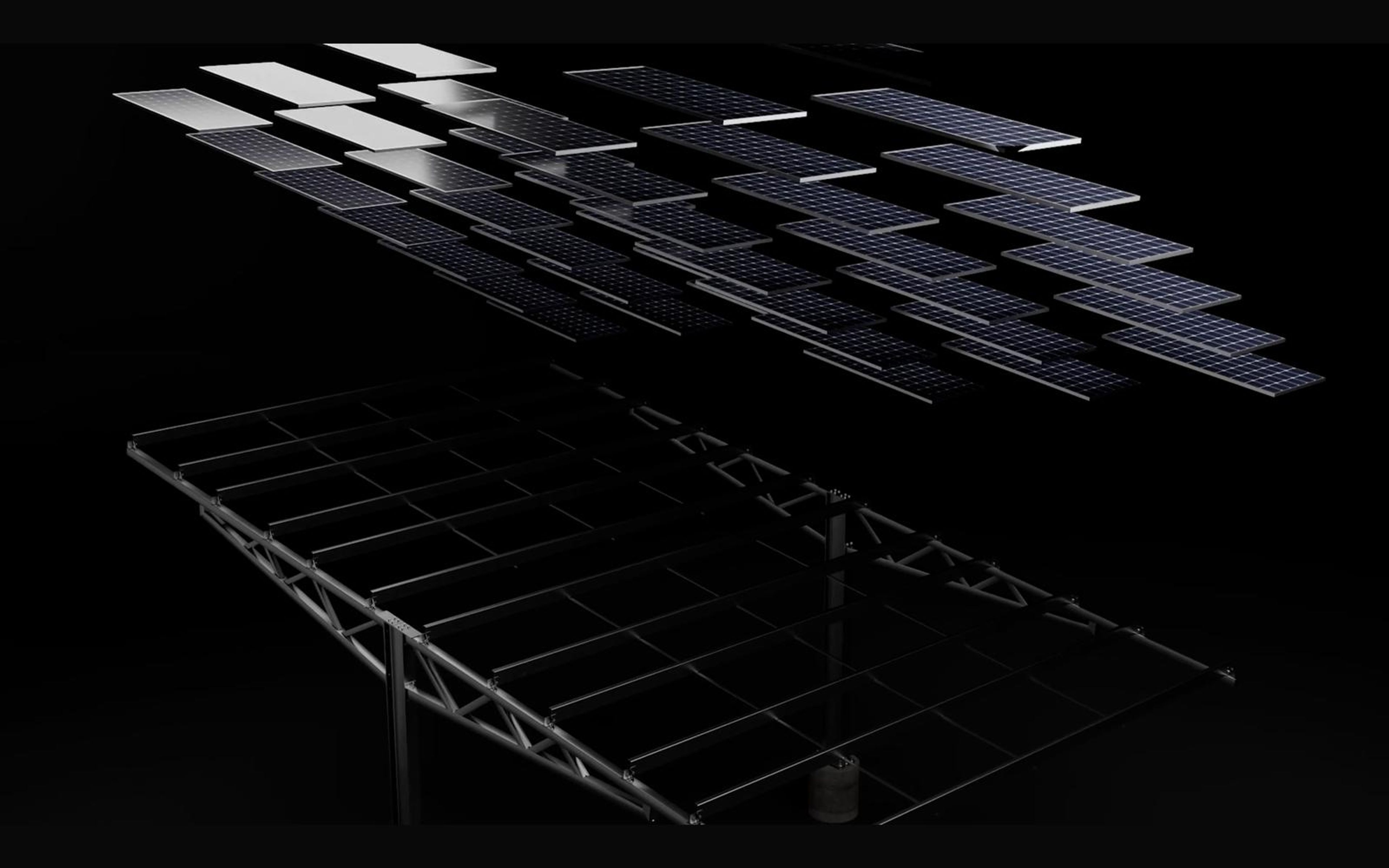 Solar panels exploding in above a canopy frame