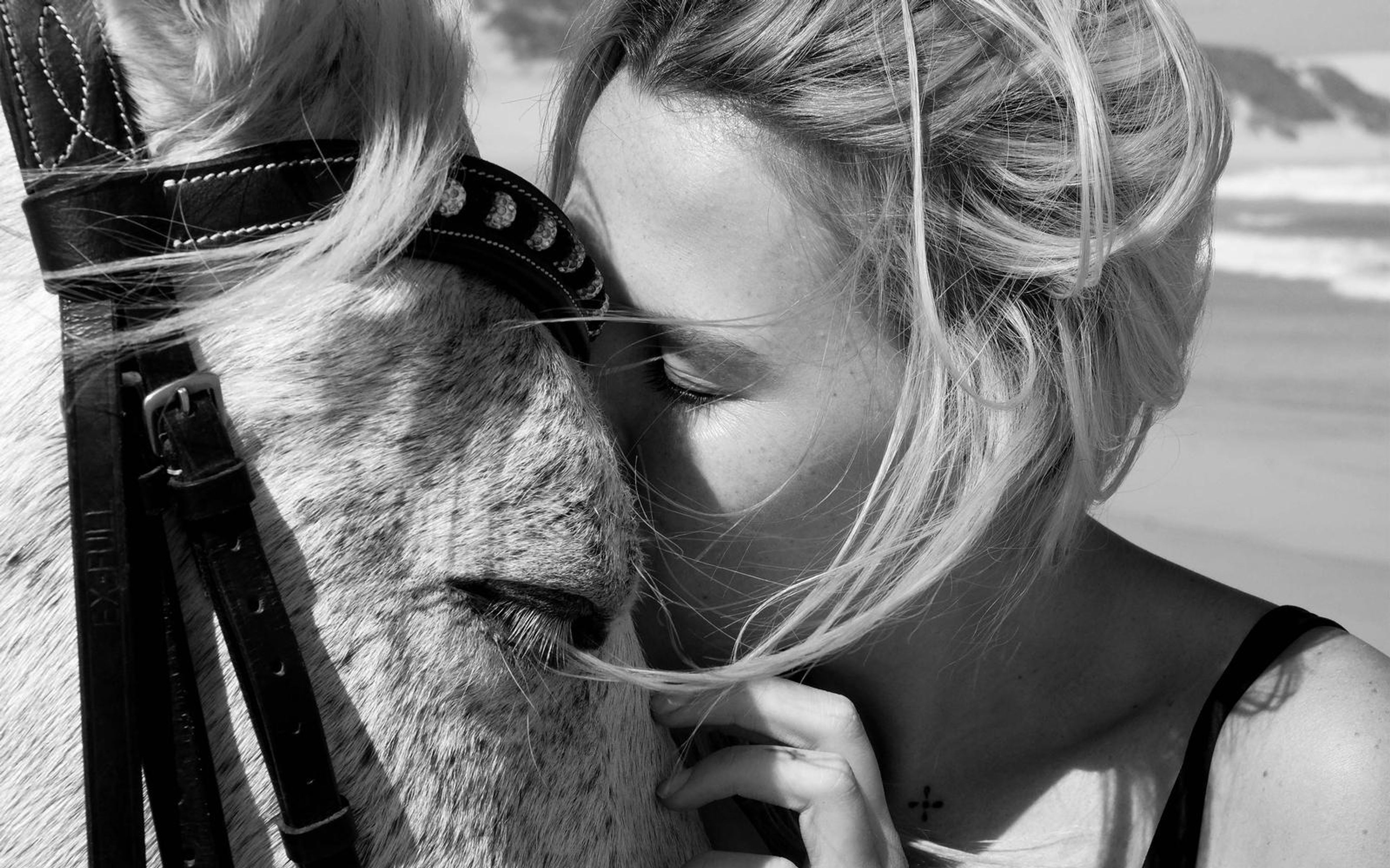 Black and white close portrait of a woman and horse touching faces, strands of hair across her cheek