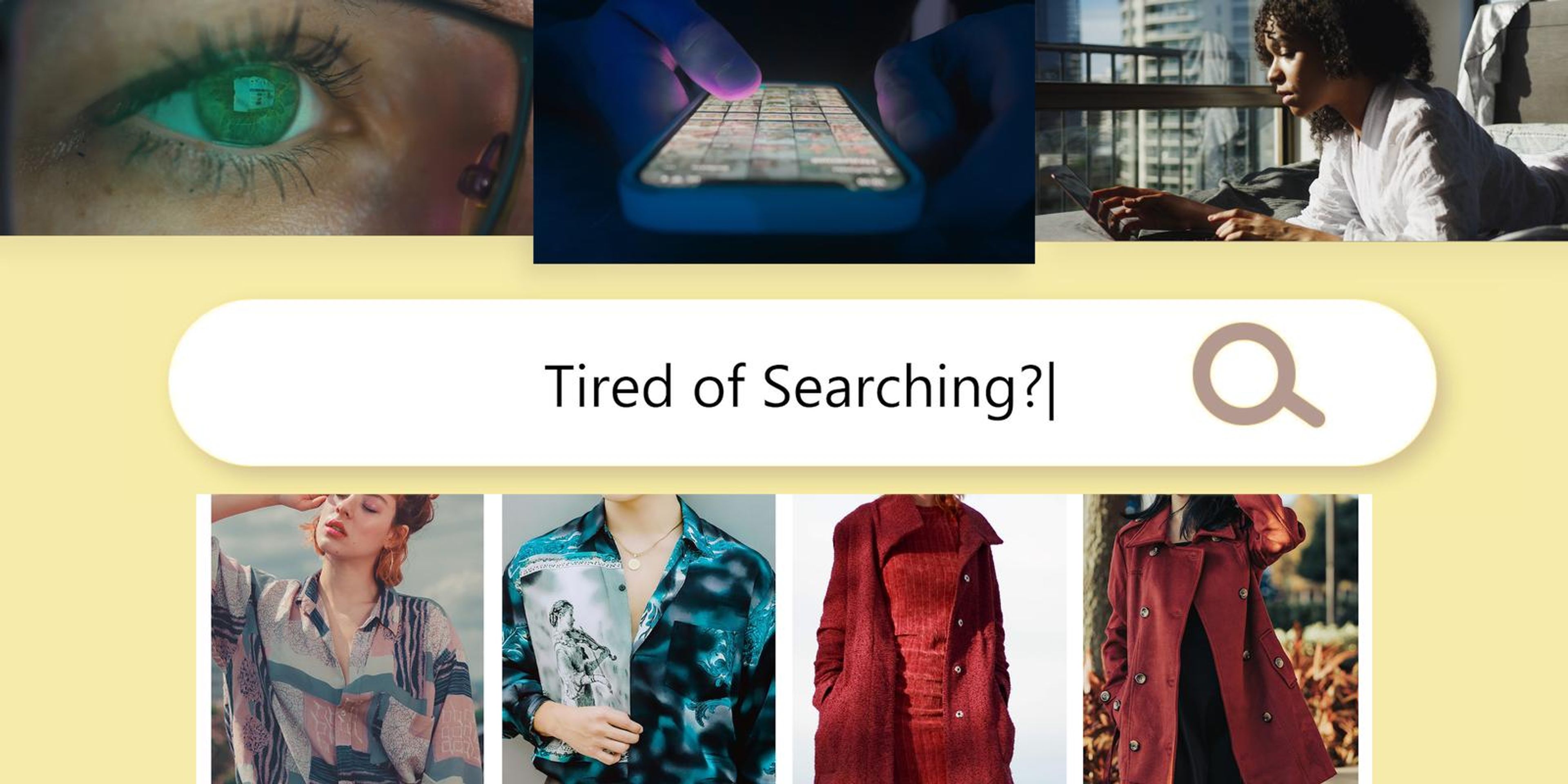16:9 frame of the Tired of Searching search bar with a new set of clothing results
