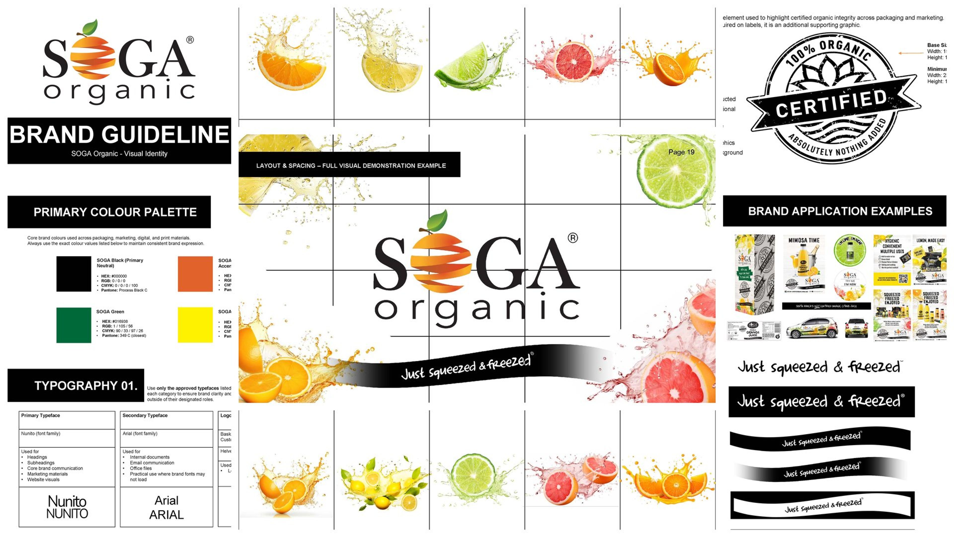 SOGA Organic Brand Guideline collage showing the cover and logo, colour palette, typography, certification seal, citrus splash graphics and brand application examples