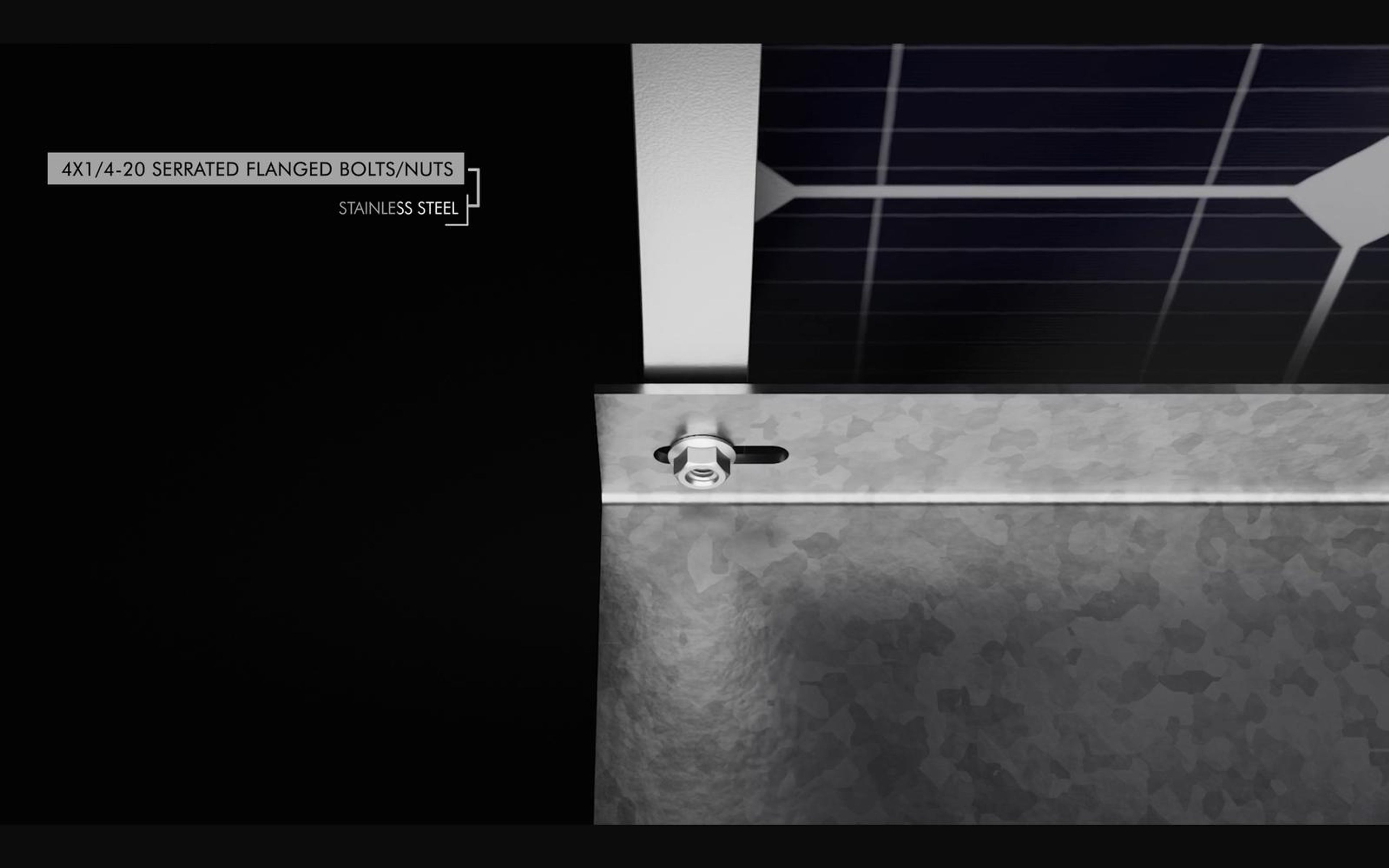 Callout on stainless bolts and nuts beneath a solar panel