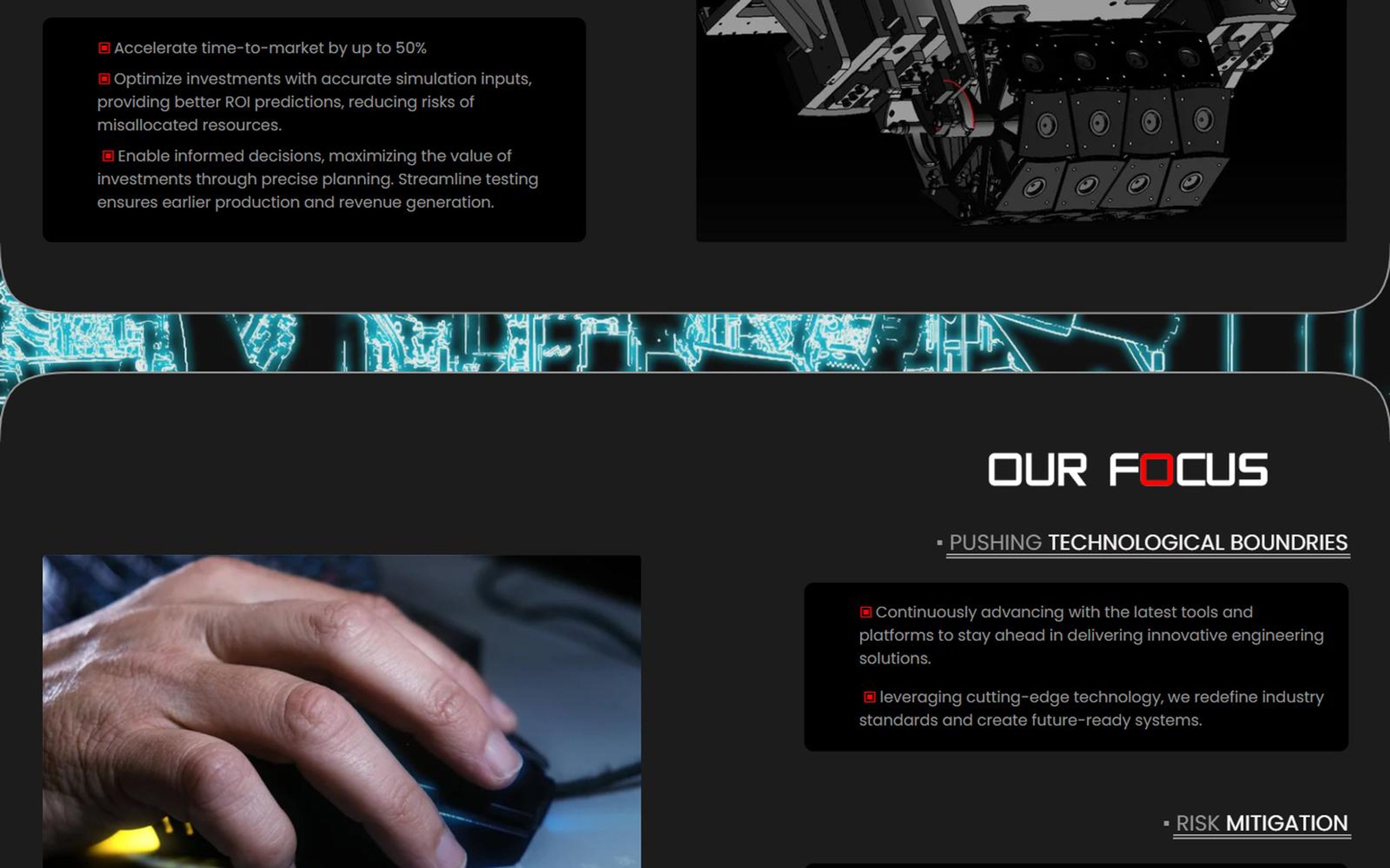 Home page Our Focus section with the hand-on-mouse image and the first focus areas