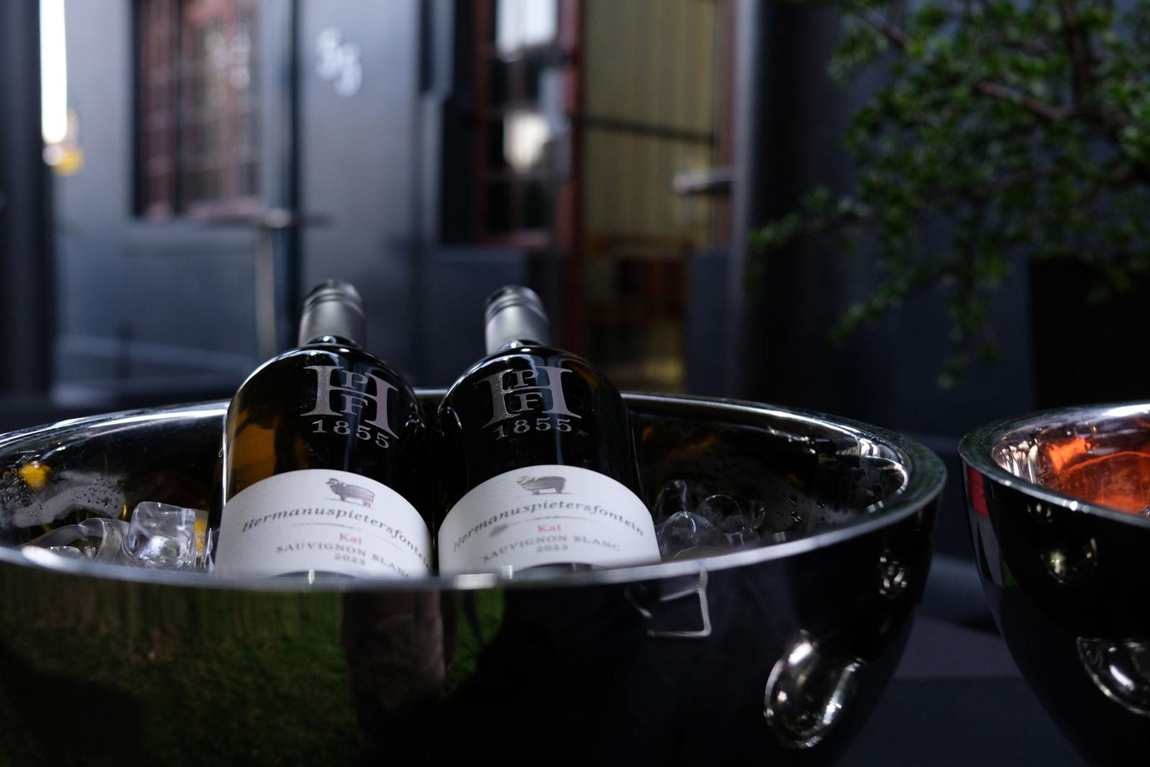 Two bottles of wine in a silver ice bucket in front of the building