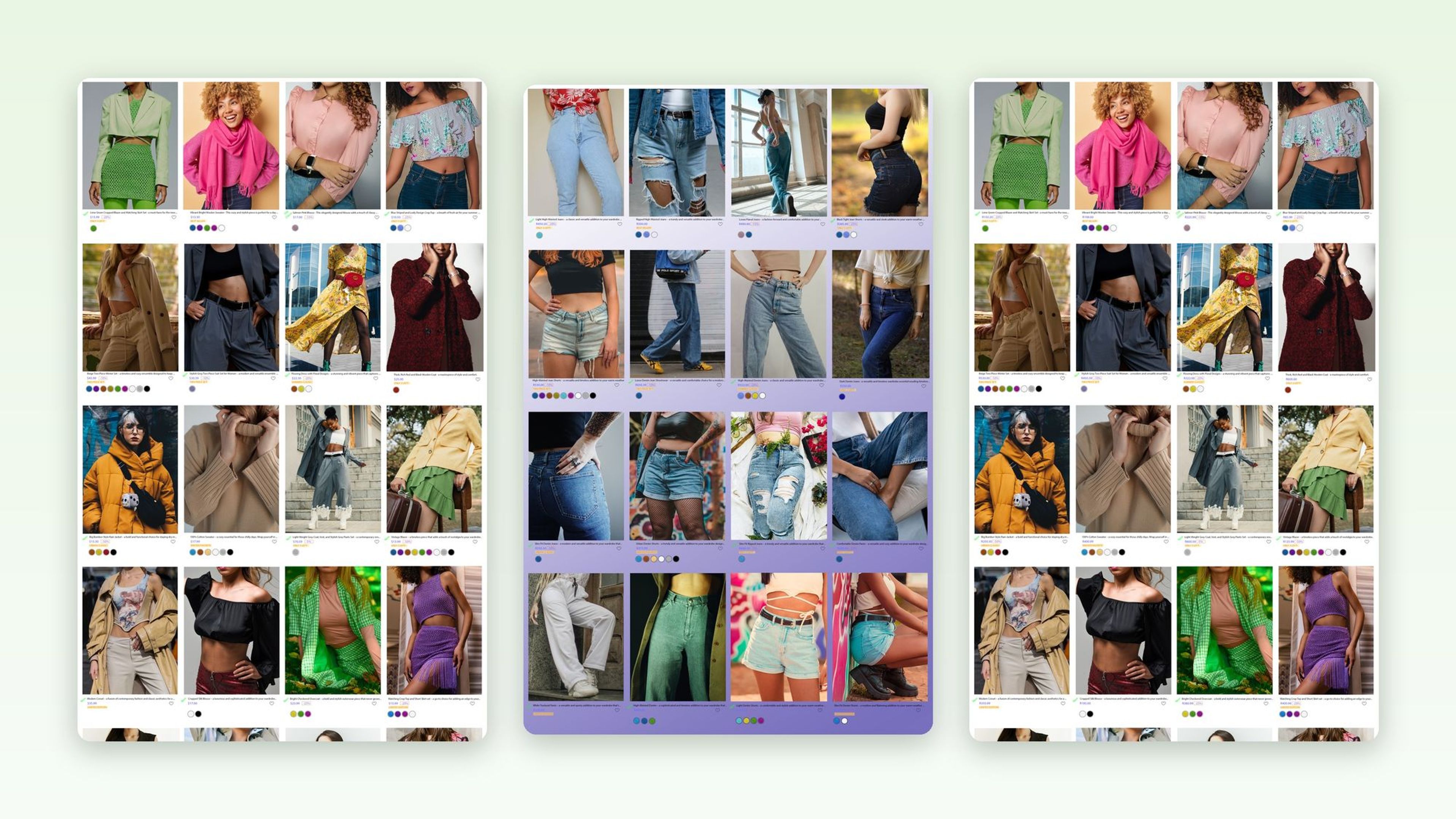 Three simulated scrolling store pages showing long product grids