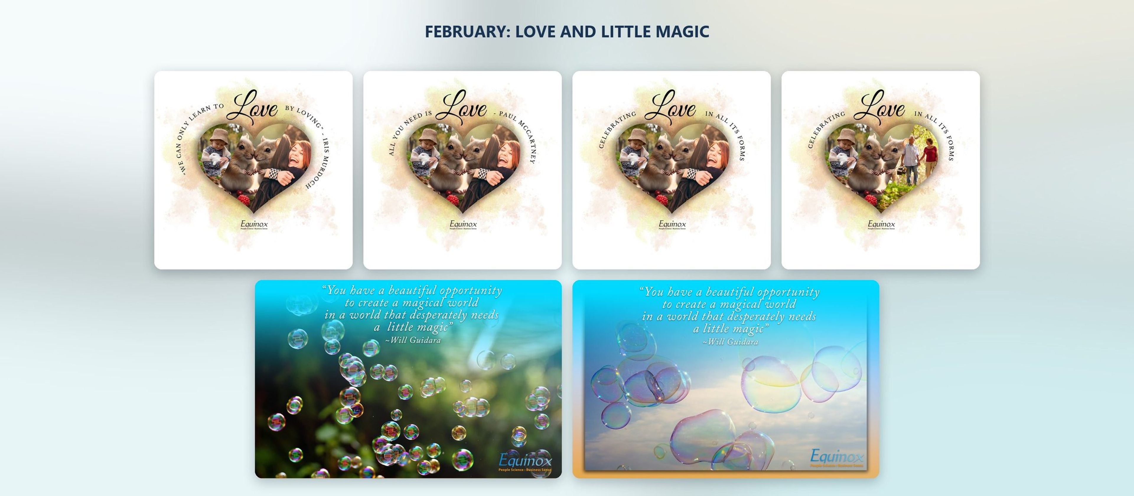 Equinox February designs: four Love heart quote posts and two Little Magic bubble quote posts