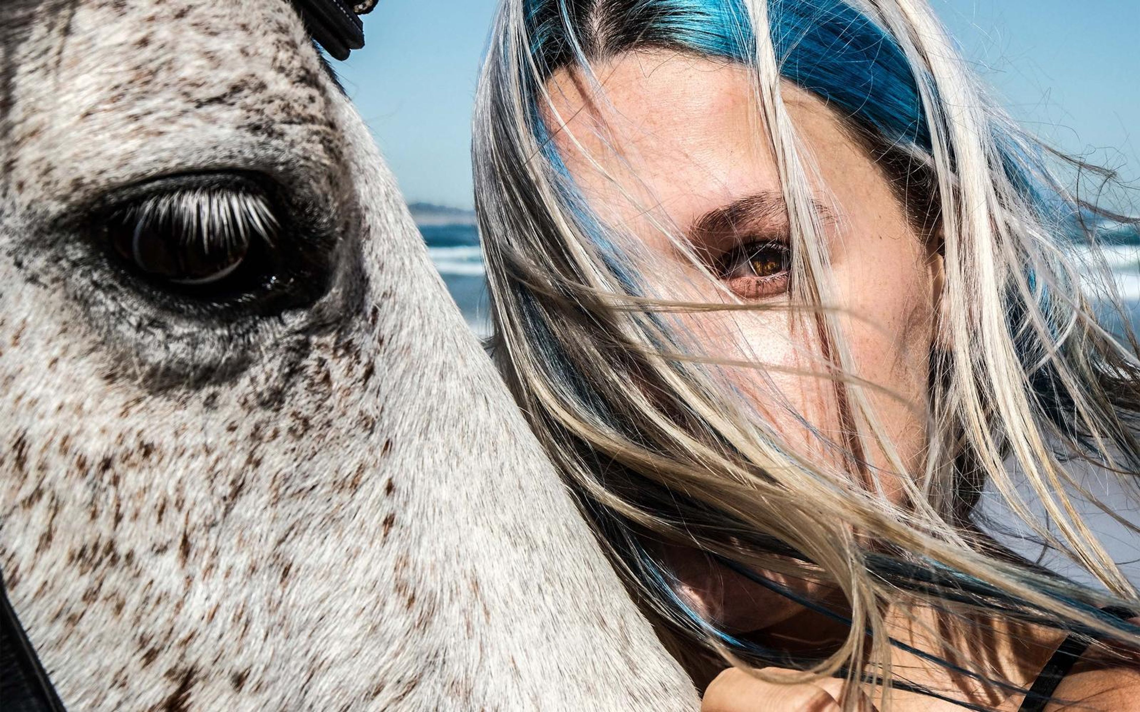 Close crop of a horse's eye next to a woman's face half hidden by windblown hair