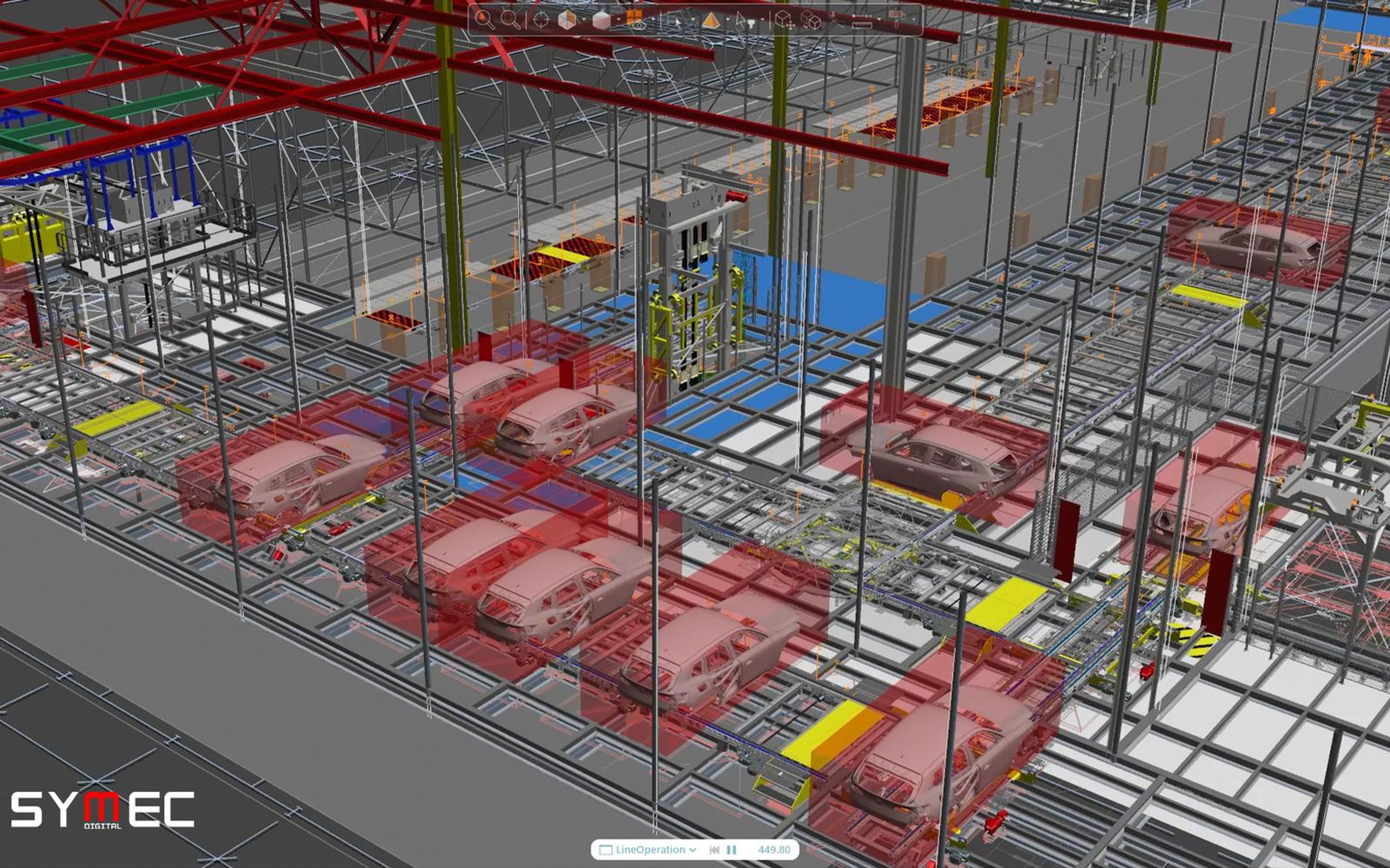 Close view of a car production line simulation with red bins and the Symec logo