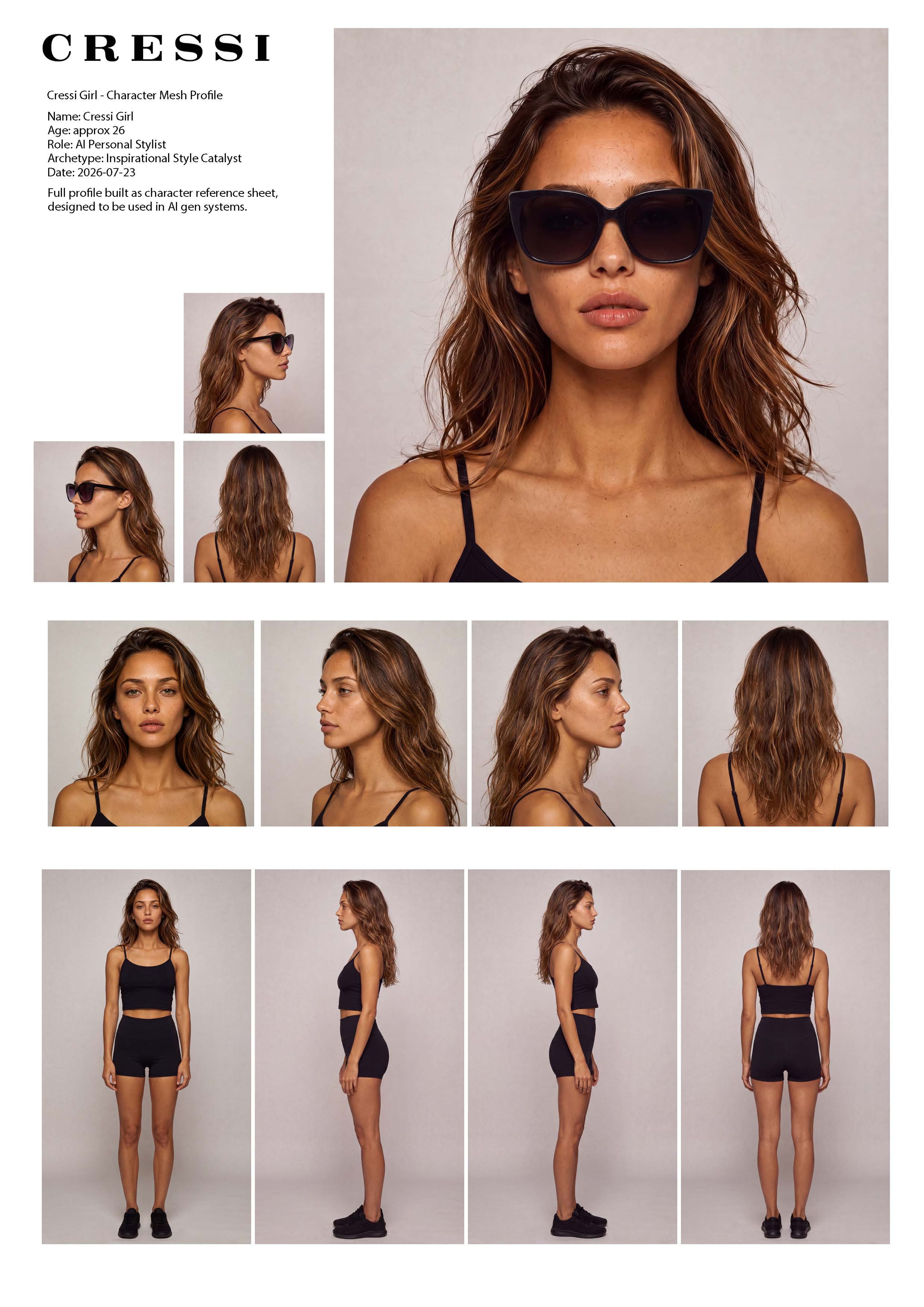 Cressi Girl character mesh profile sheet: name, age and role details with a large sunglasses portrait, four close-up face angles and four full-body turnaround views
