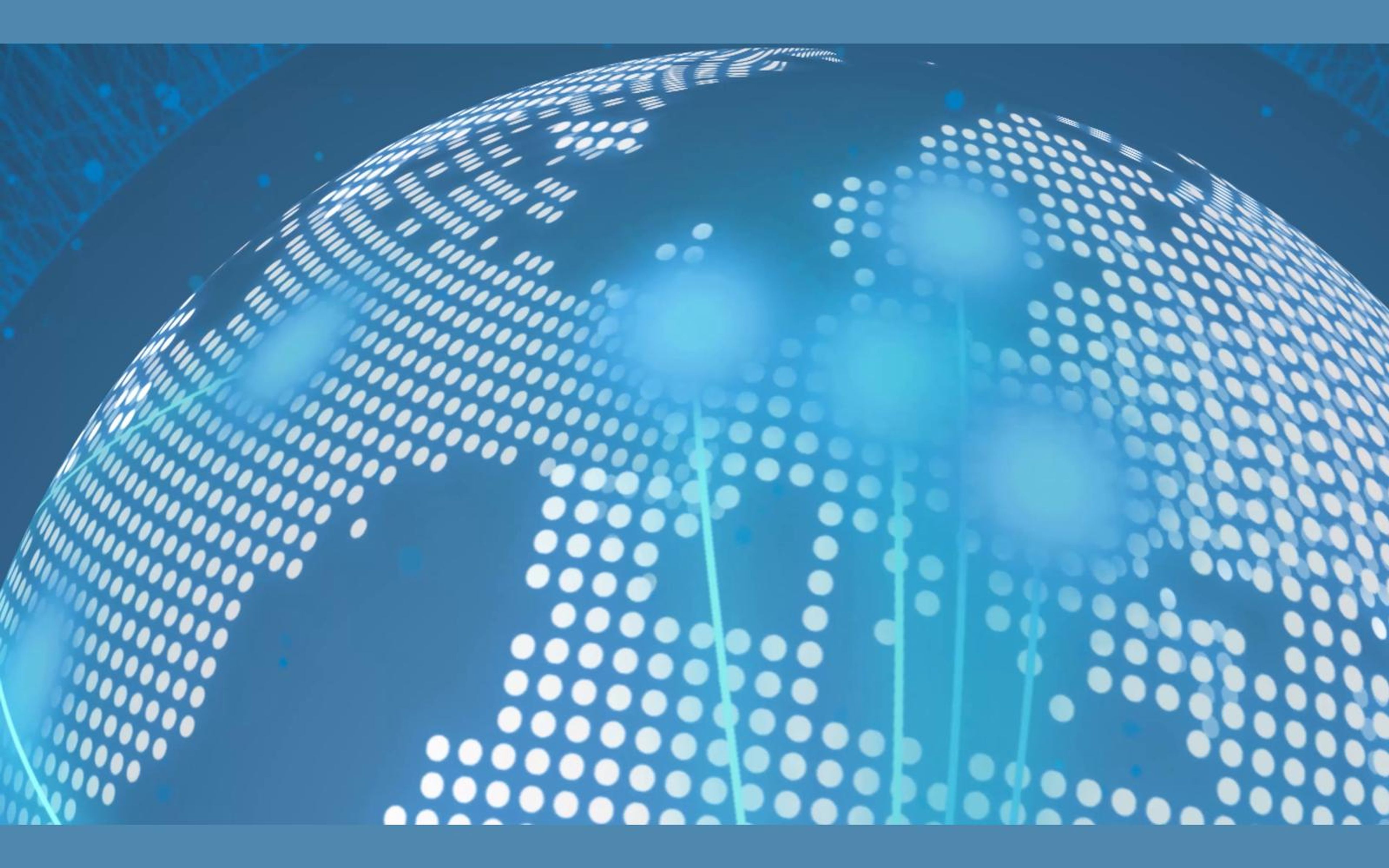 Dot-matrix globe with glowing light streams crossing the continents