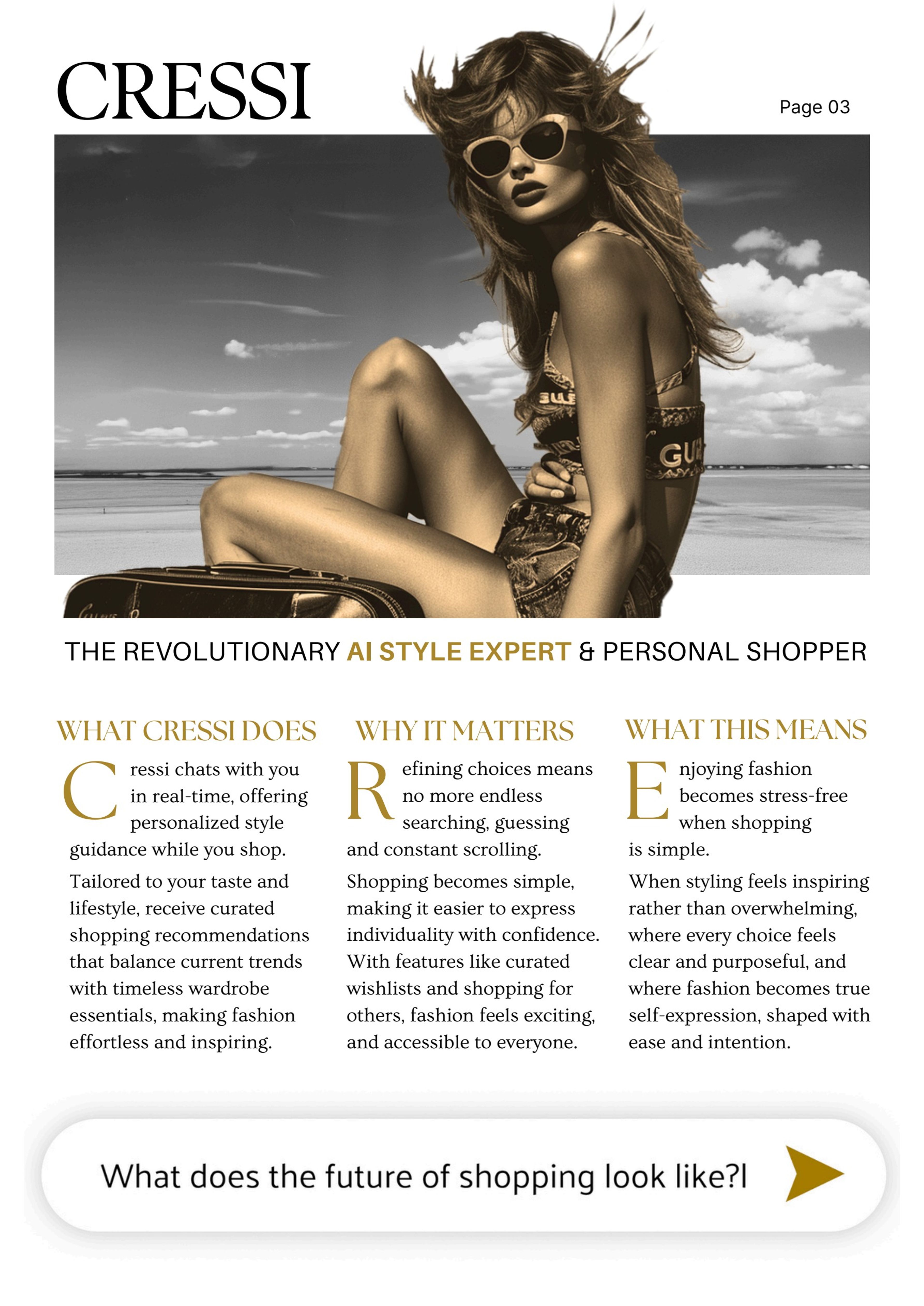 Page 3, 'The revolutionary AI style expert & personal shopper', with the sections What Cressi does, Why it matters and What this means