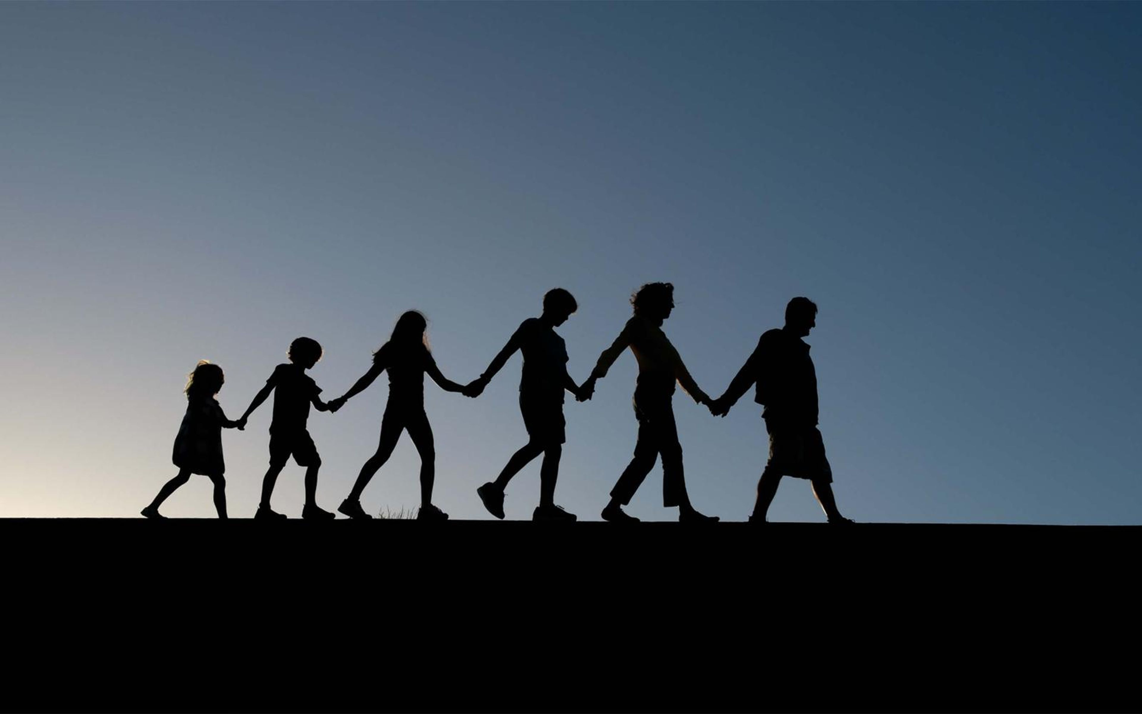 Row of six silhouetted people holding hands along a dark ridge against a fading blue sky
