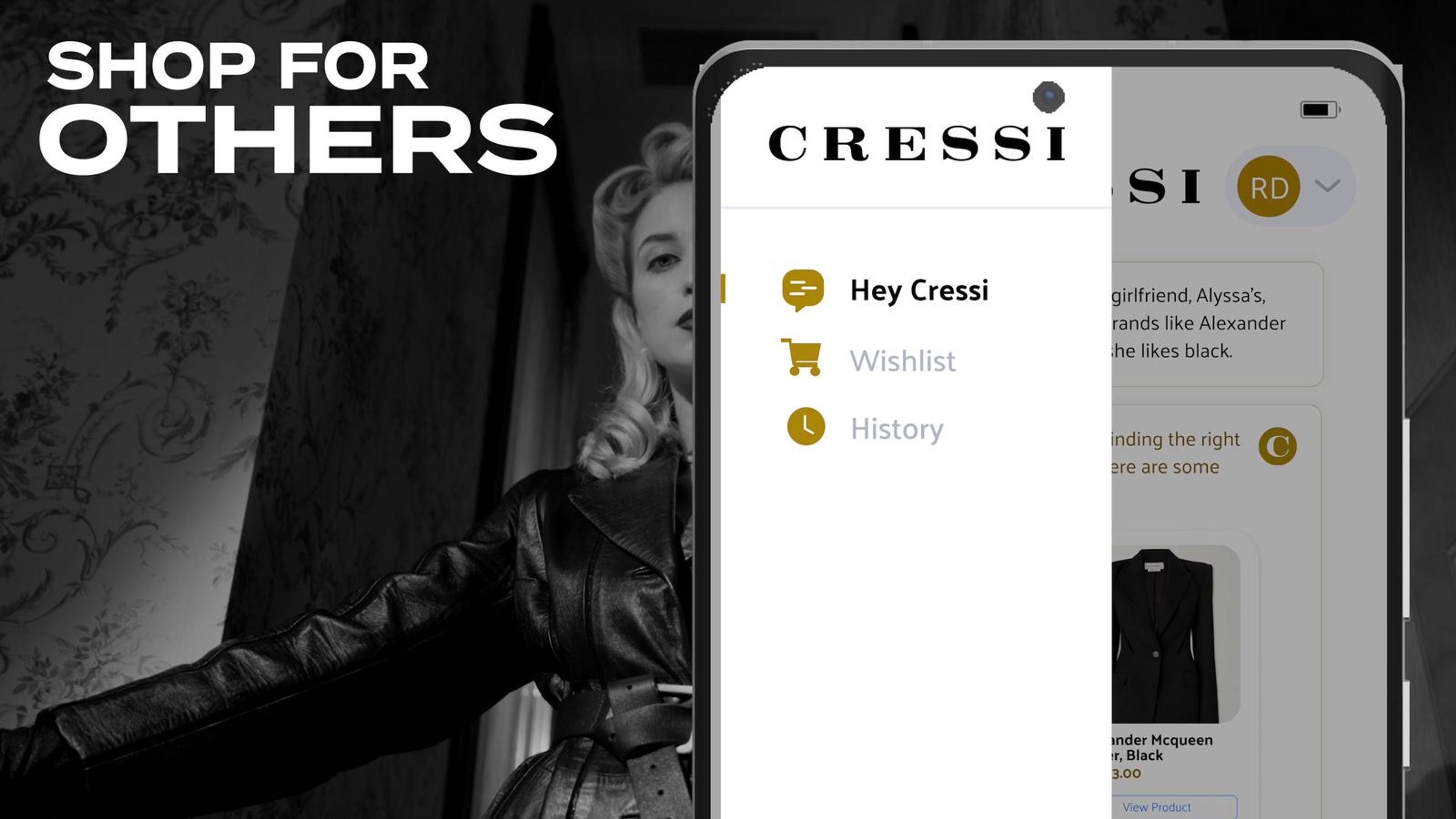 CRESSI side menu on a phone under the text Shop For Others