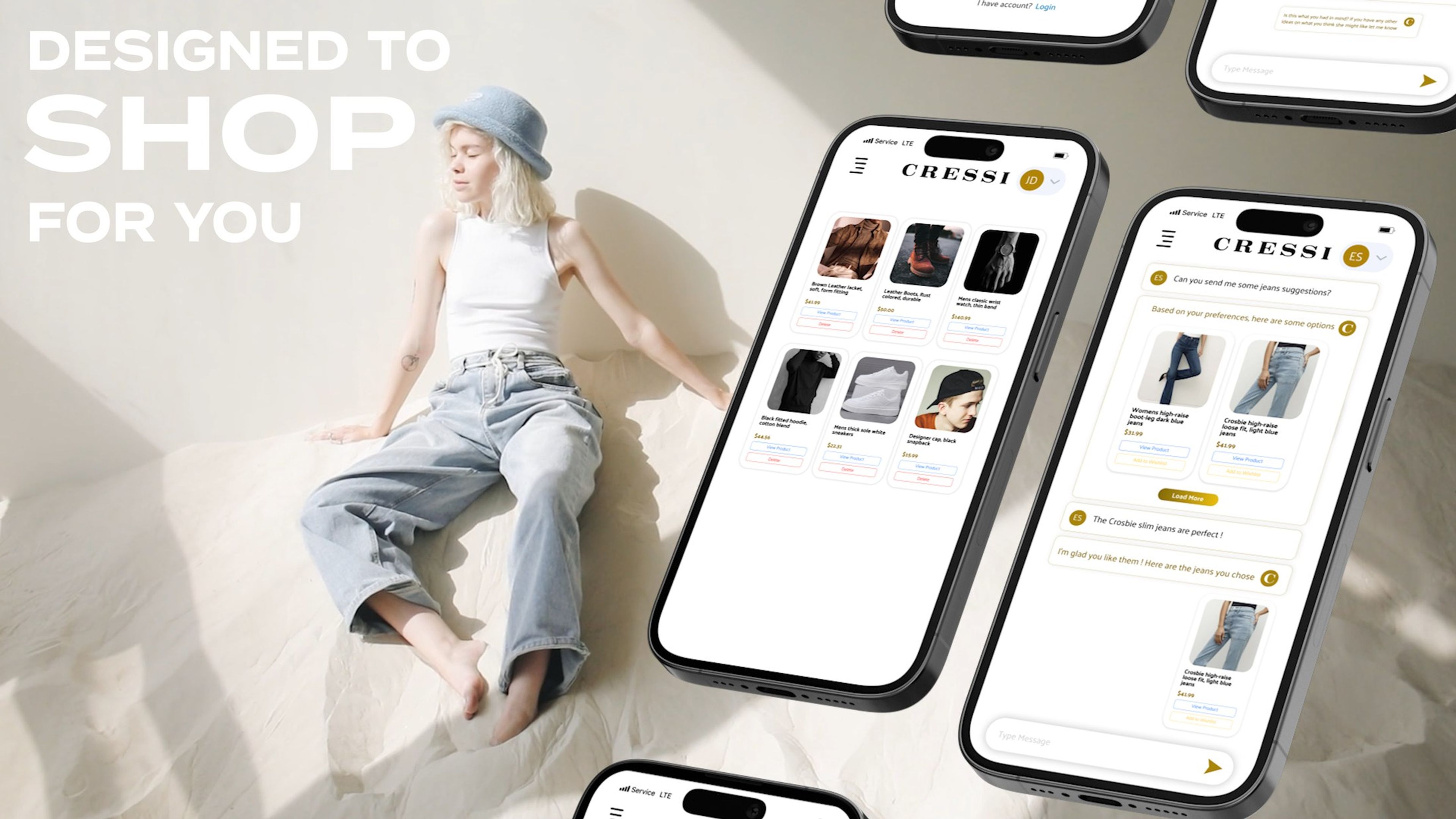 Phones showing the CRESSI chat beside a woman seated on the floor, with the text 'Designed to shop for you'