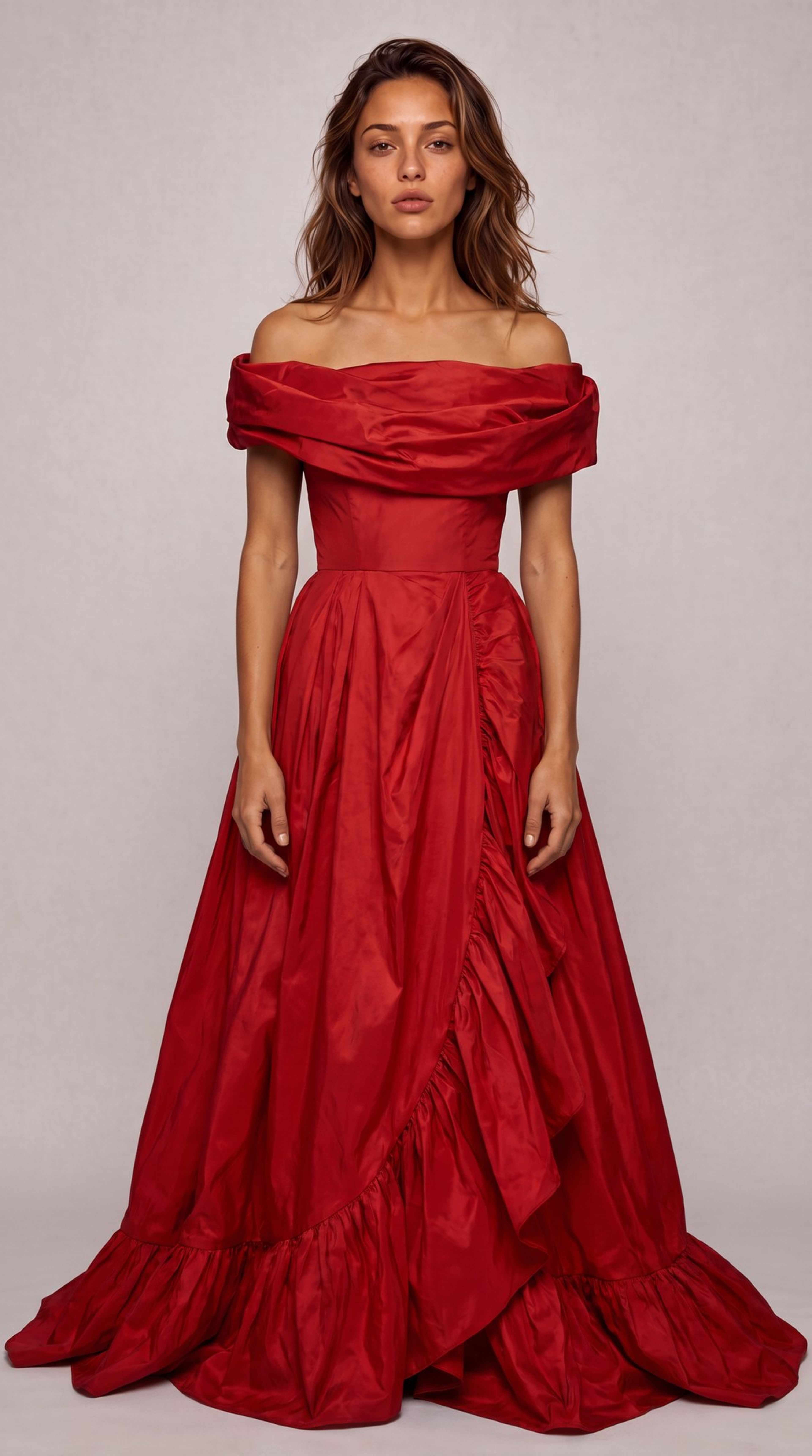 The Cressi character in a full red off-the-shoulder ball gown