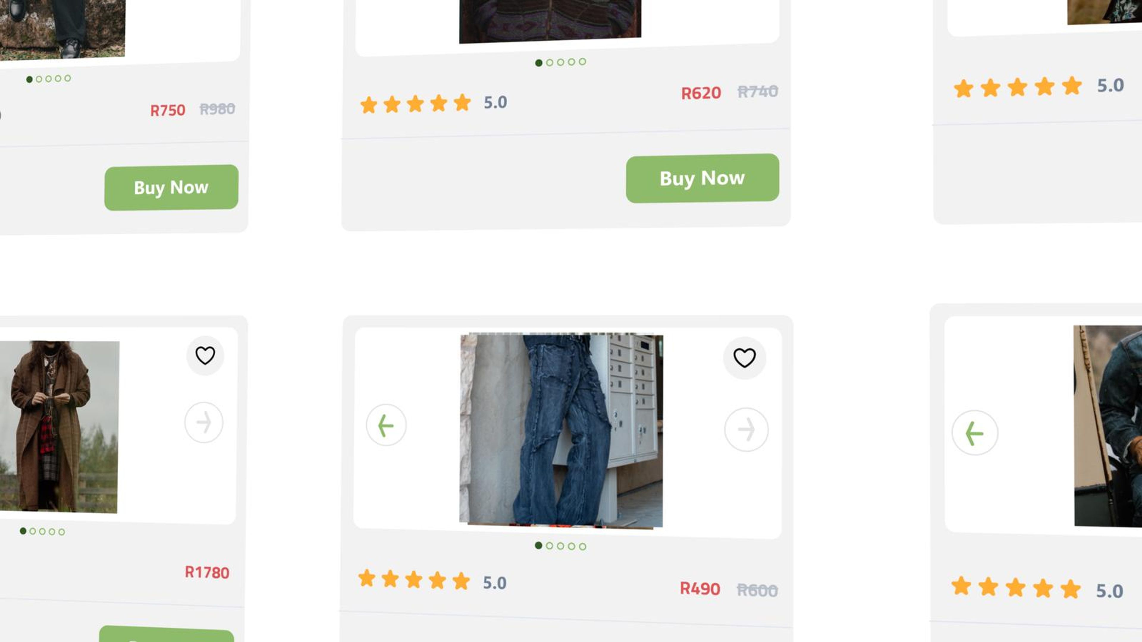 16:9 frame of rows of product cards with ratings and buy buttons