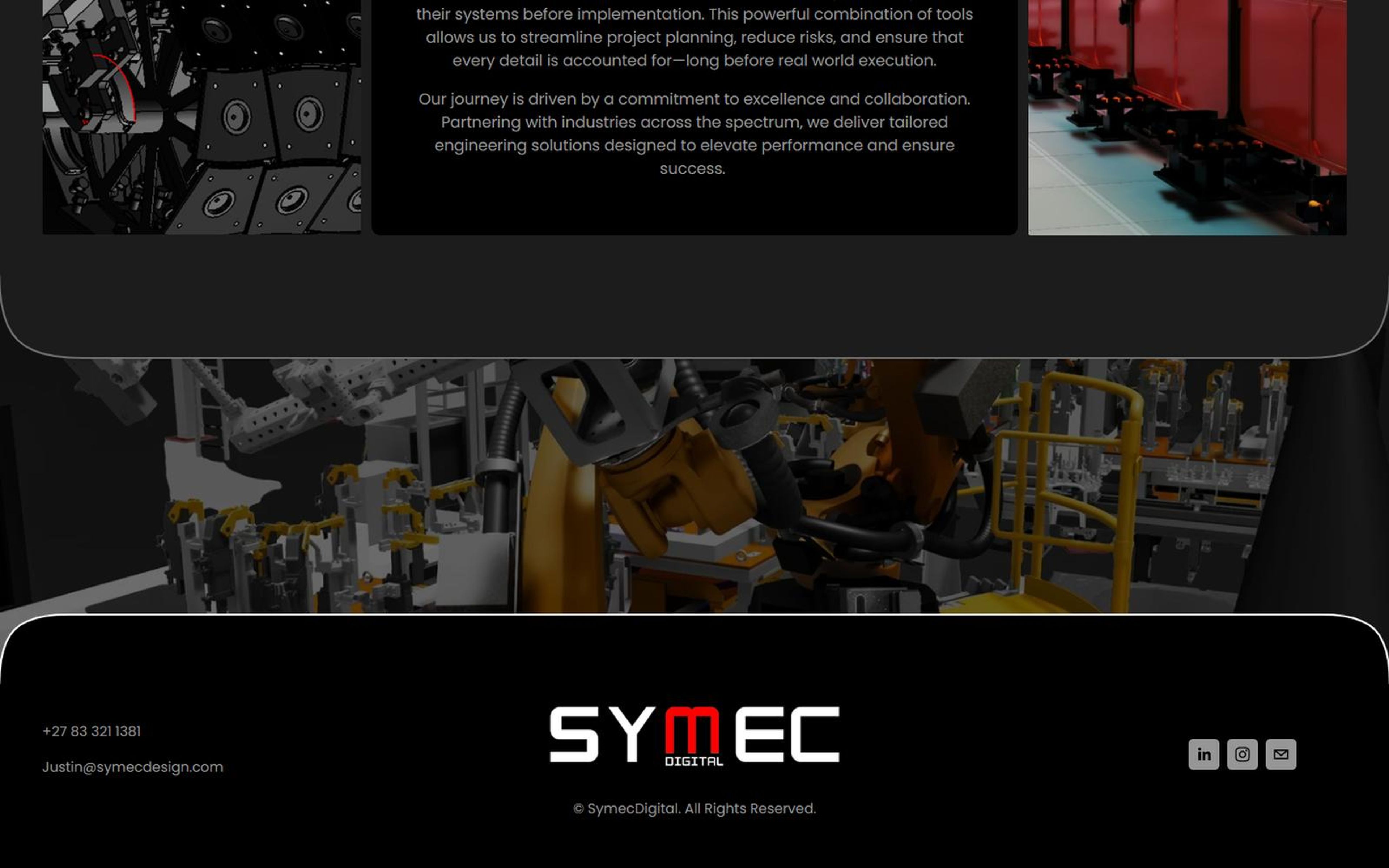 About page story card, the simulation background and the footer