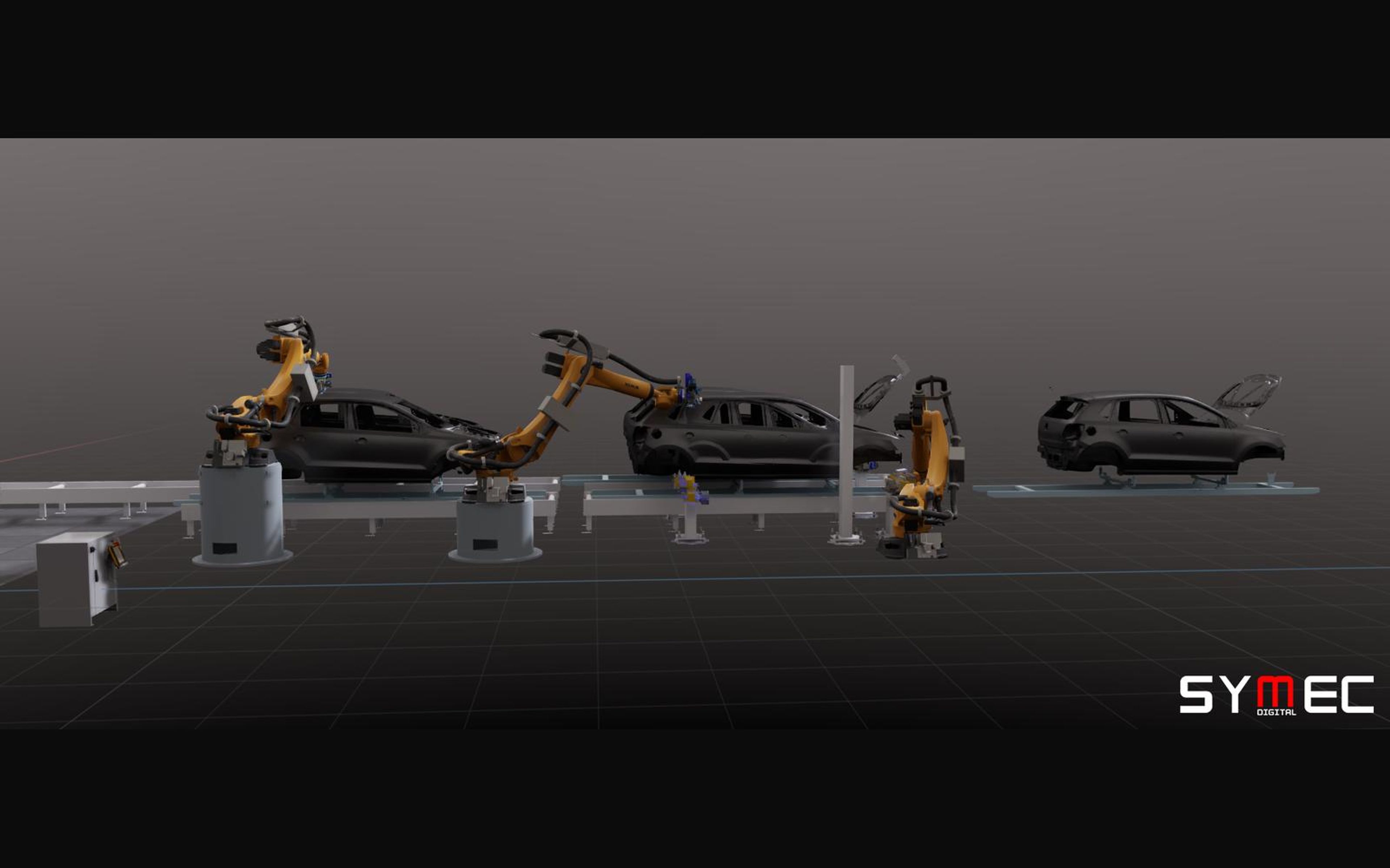 Wide automotive robot line simulation with the Symec logo