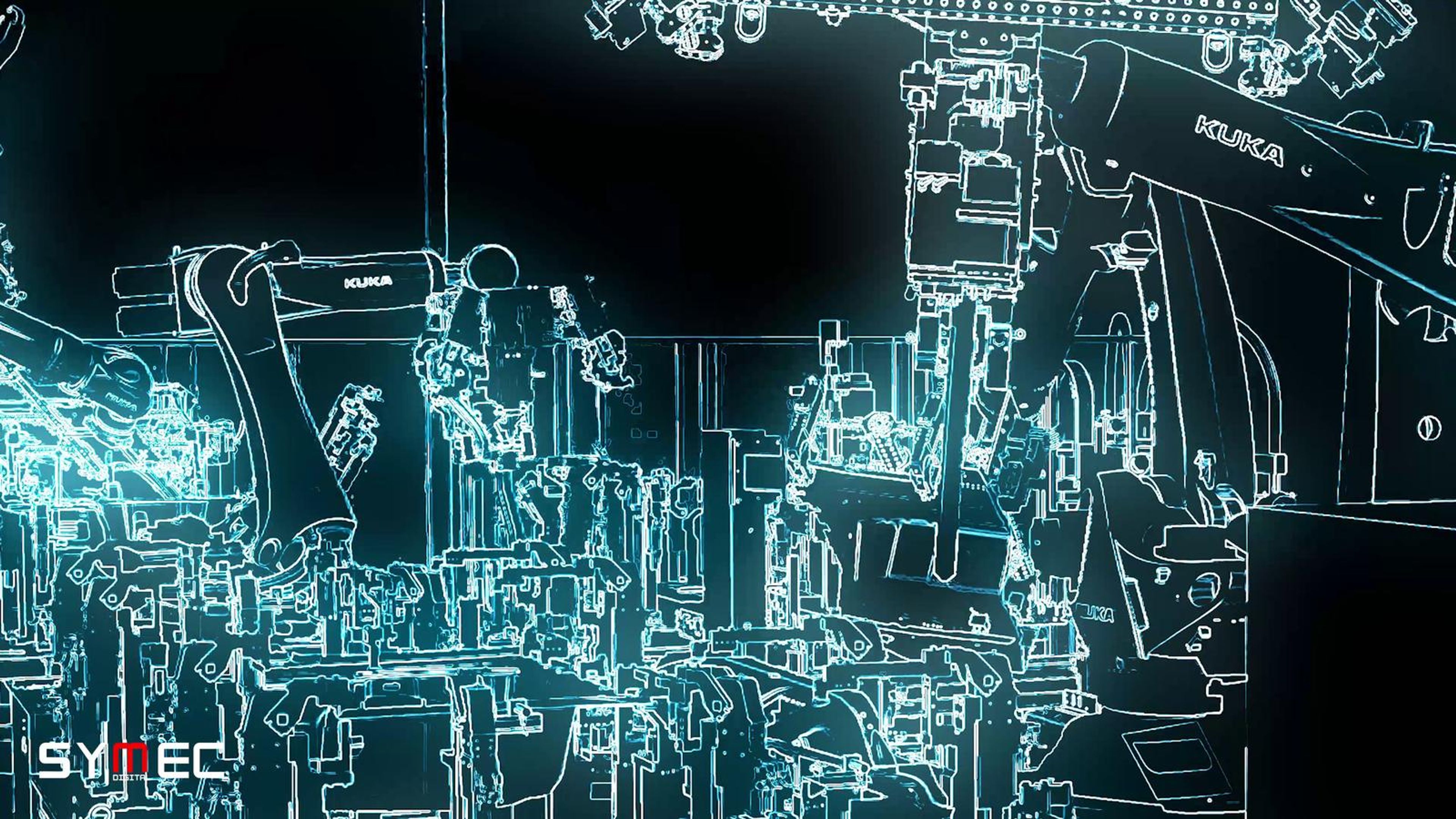 Cyan wireframe machine seen from the side