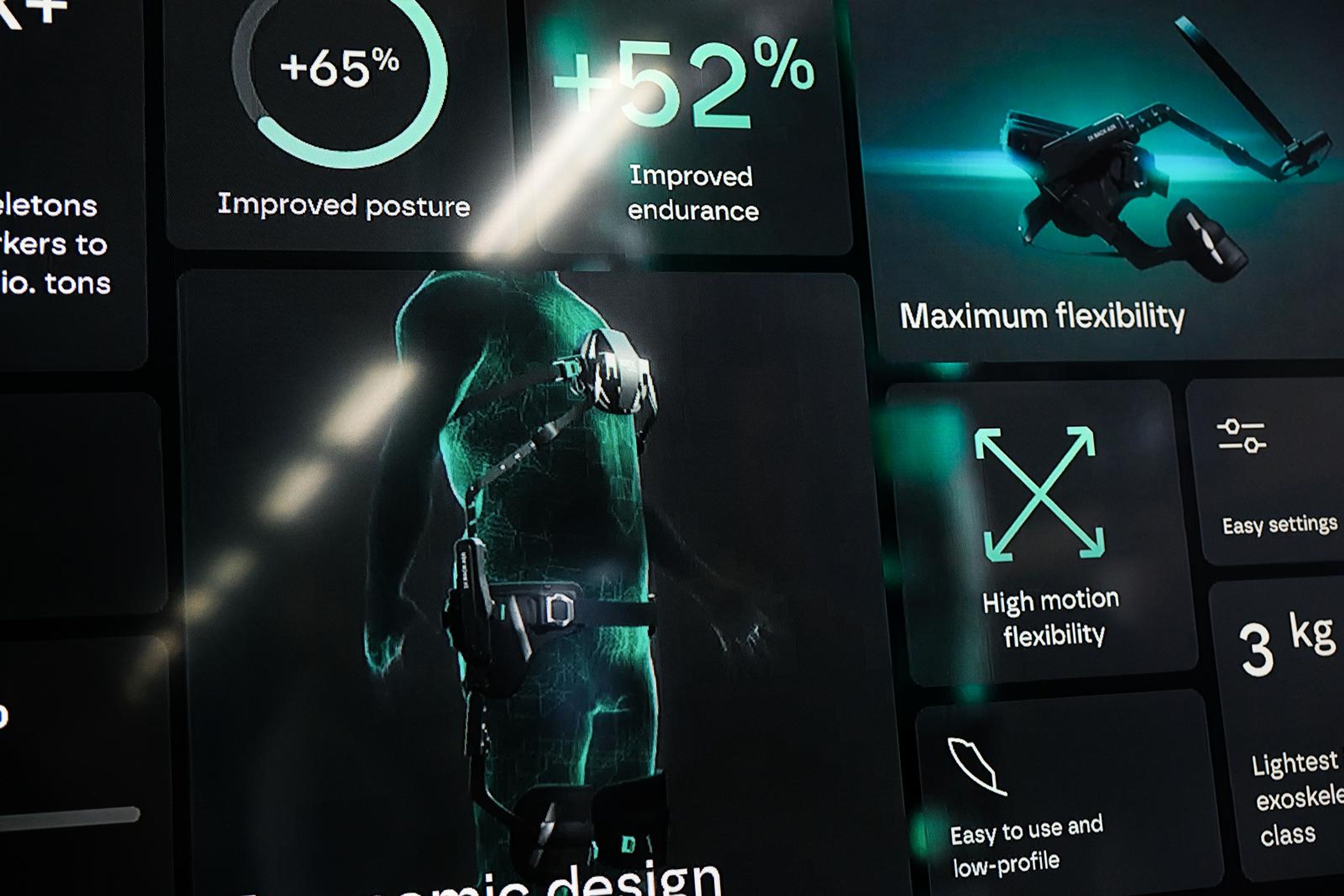 SuitX display board showing improved posture, endurance and flexibility