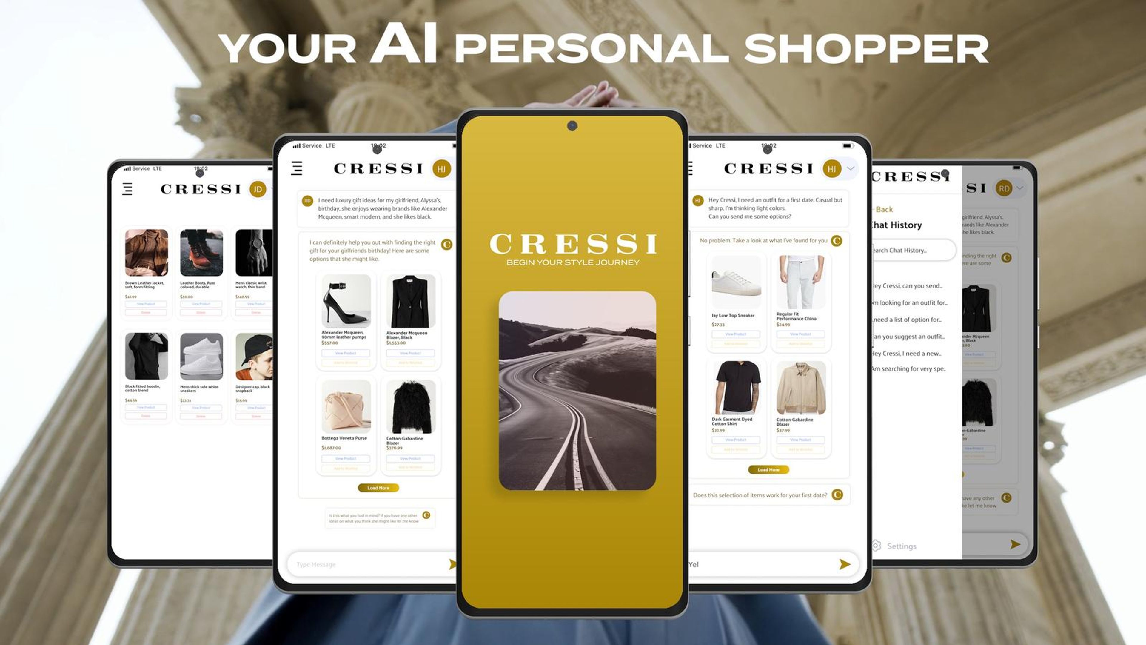 Five CRESSI app screens fanned across a stone colonnade under the text Your AI personal shopper