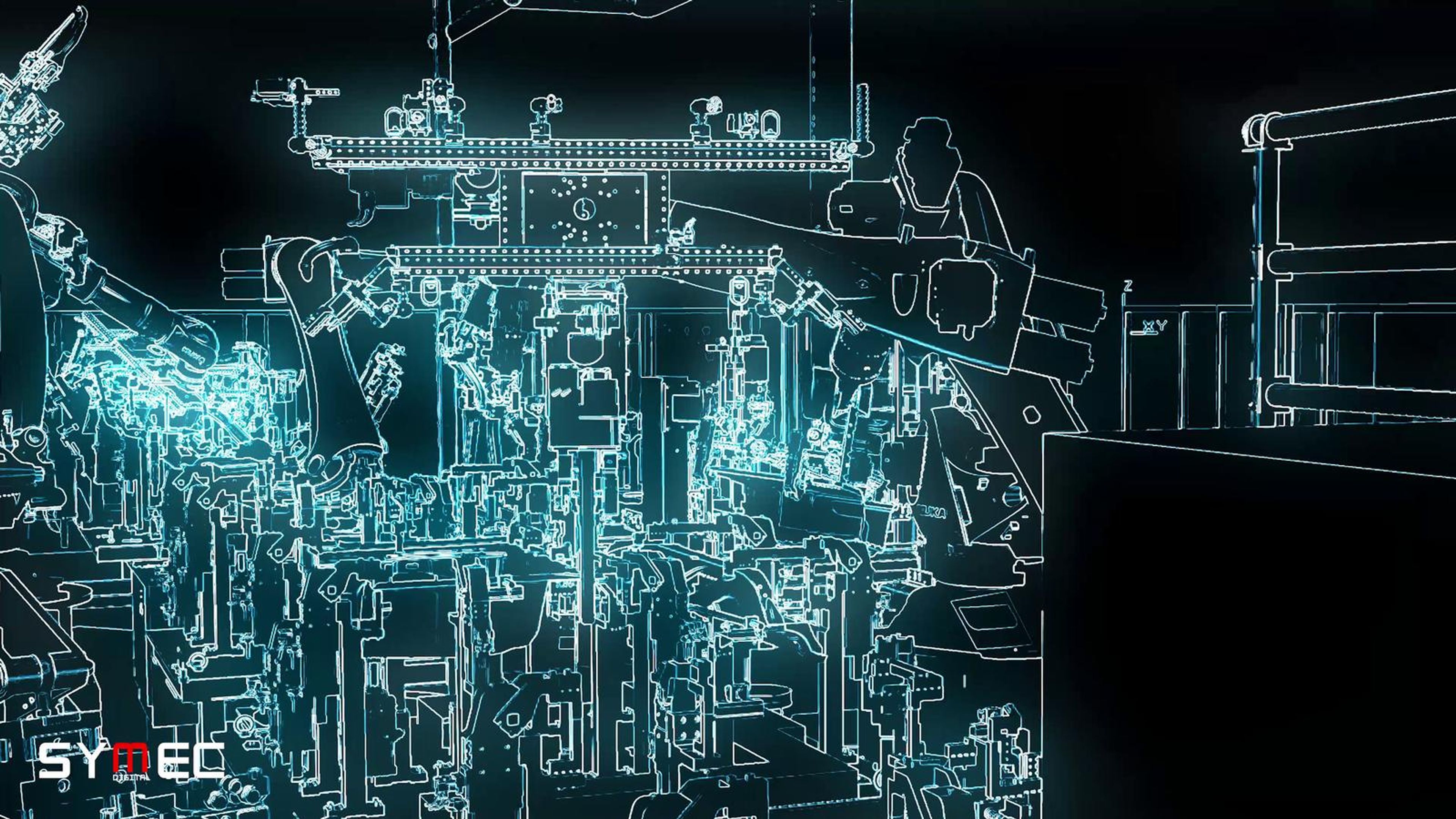 Cyan wireframe of a large machine