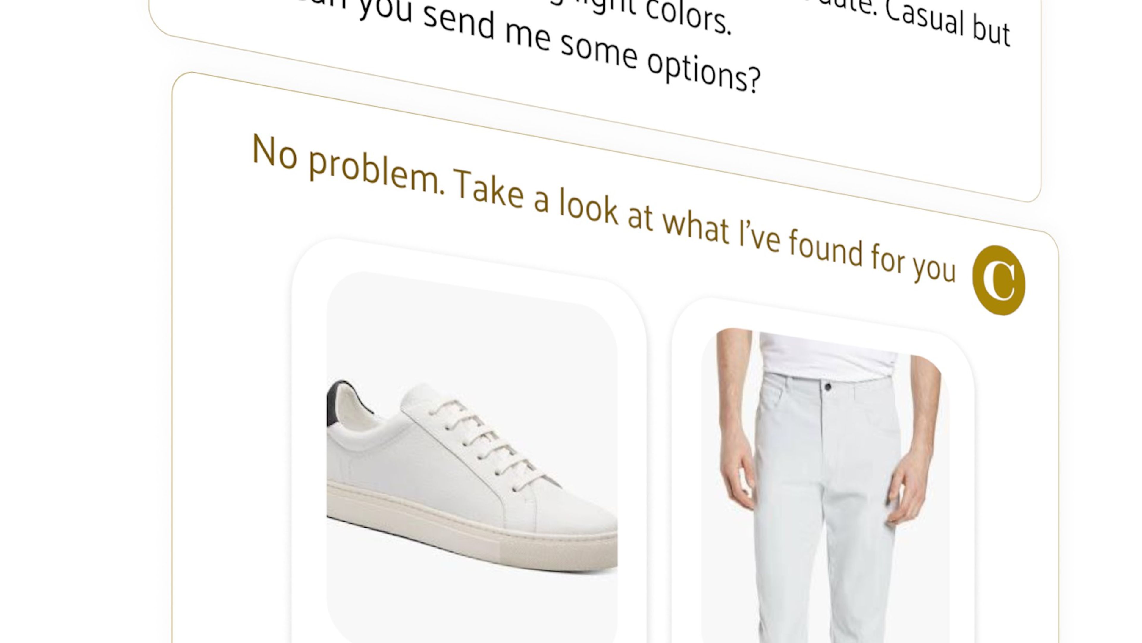 CRESSI chat suggesting white sneakers and trousers for a first-date outfit