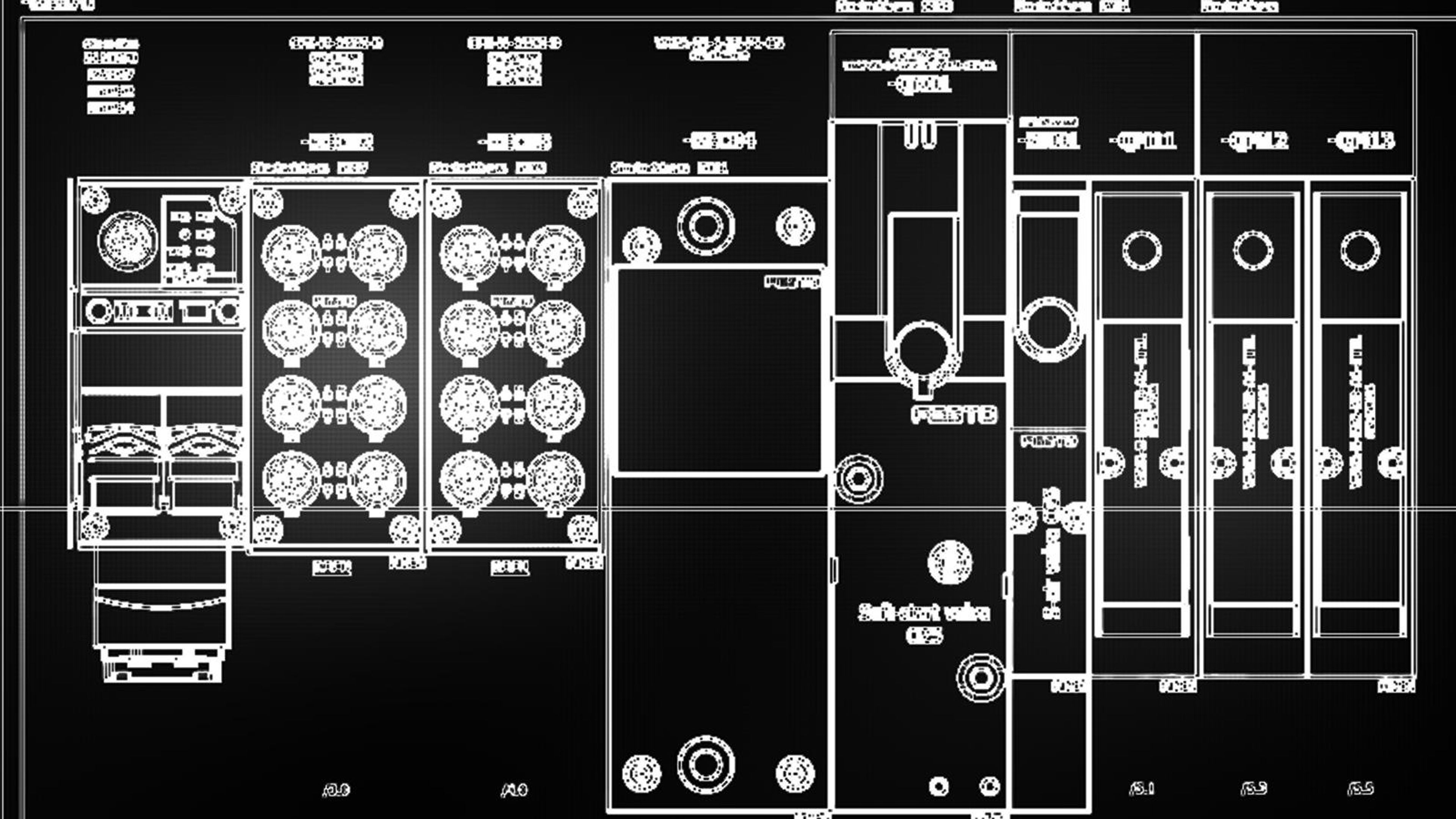High contrast white on black line drawing of a control panel
