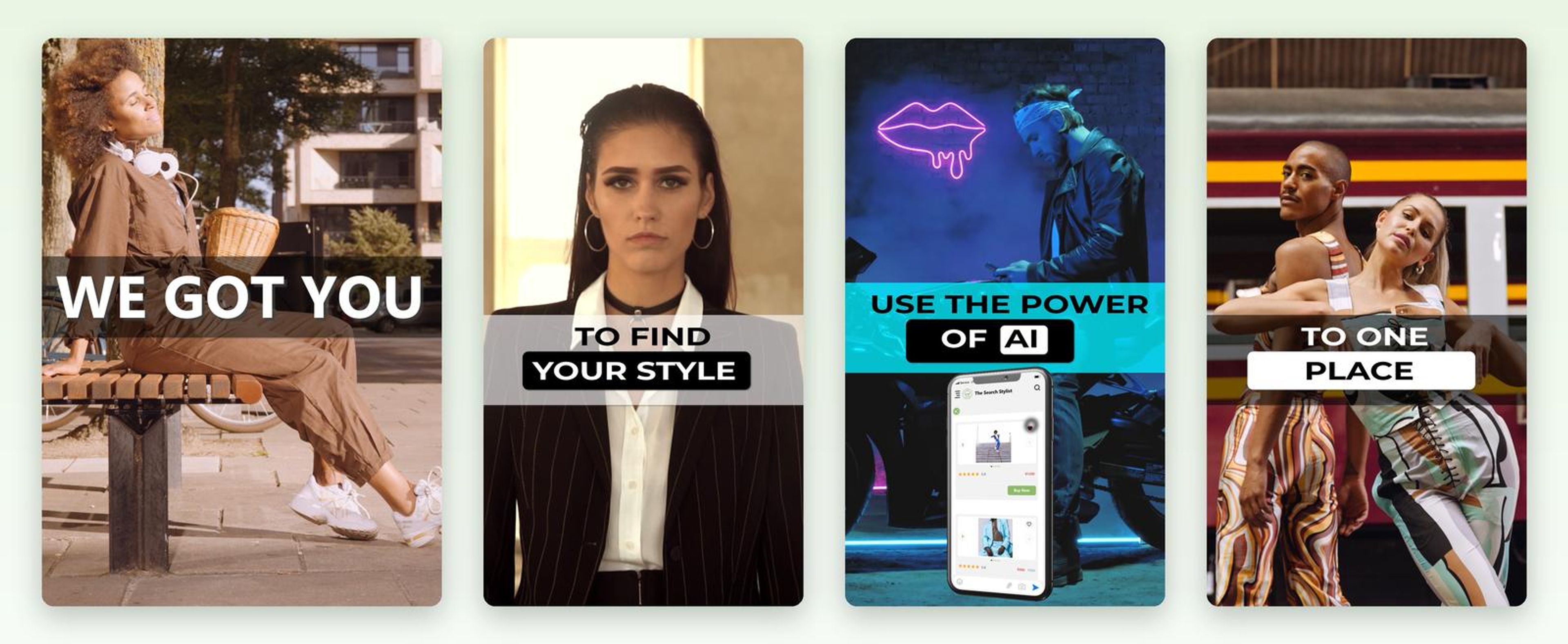Four vertical frames from The Search Stylist short-form series with bold text overlays and phone interface inserts