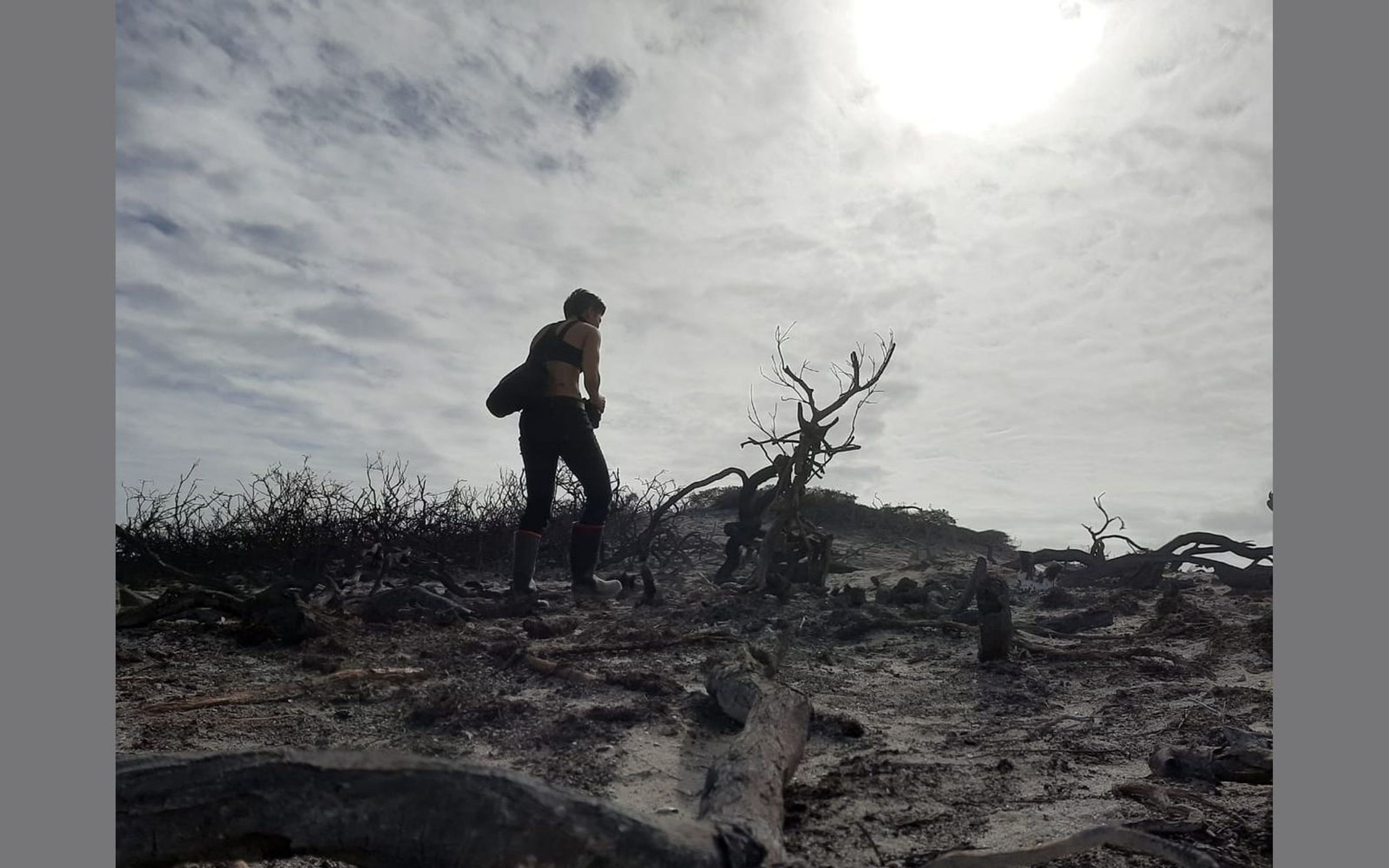 Person turned side-on under a glowing cloud, camera bag at the hip, dead tree to the right