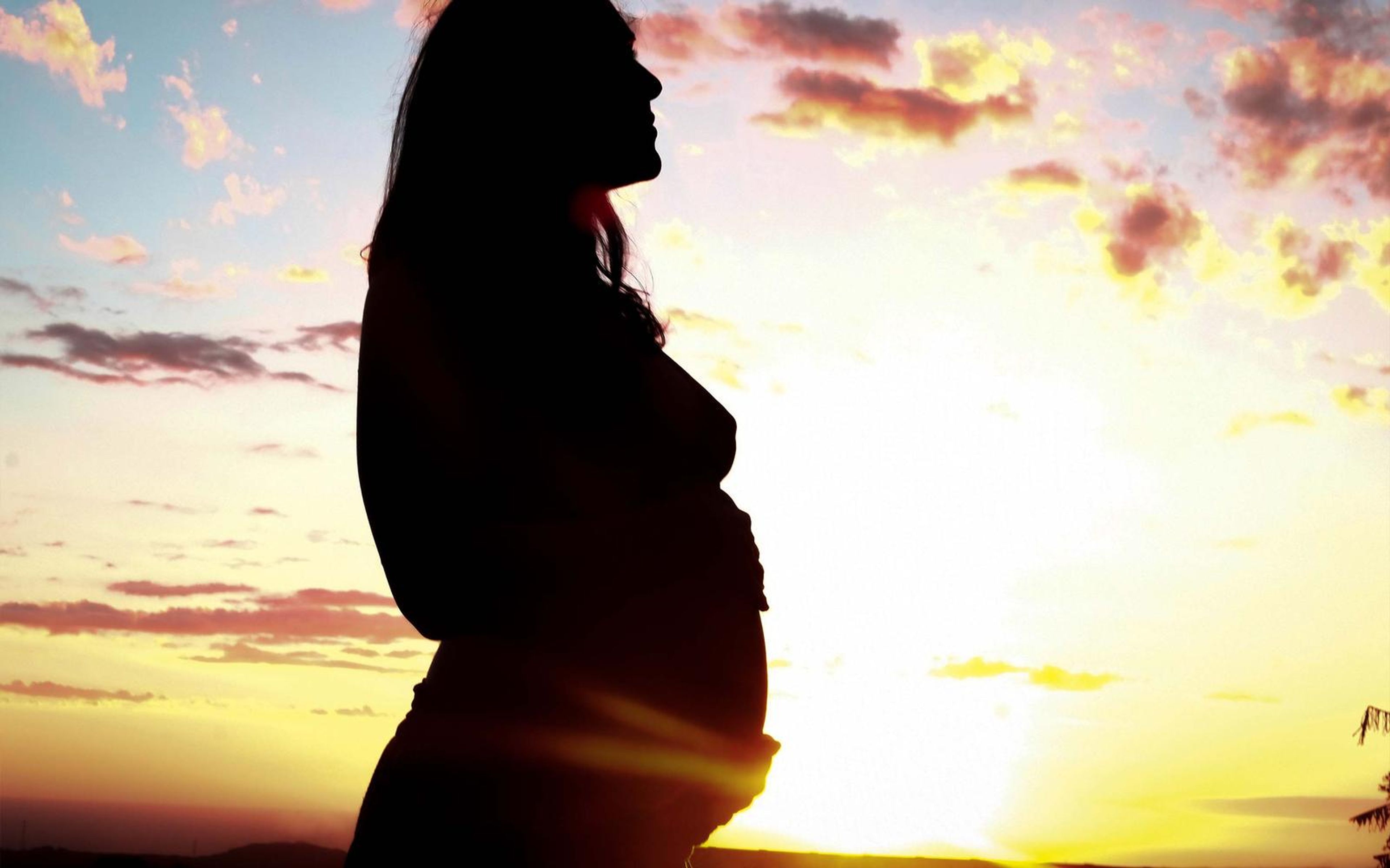 Pregnant woman in silhouette beneath a pink and gold sky, hands resting on her belly