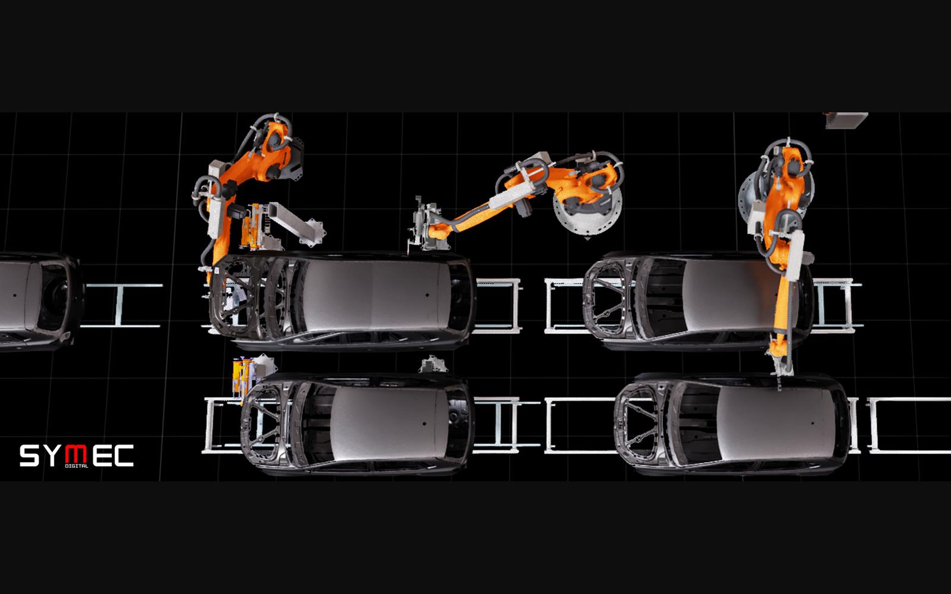 Robot cells assembling cars on a dark grid with the Symec logo