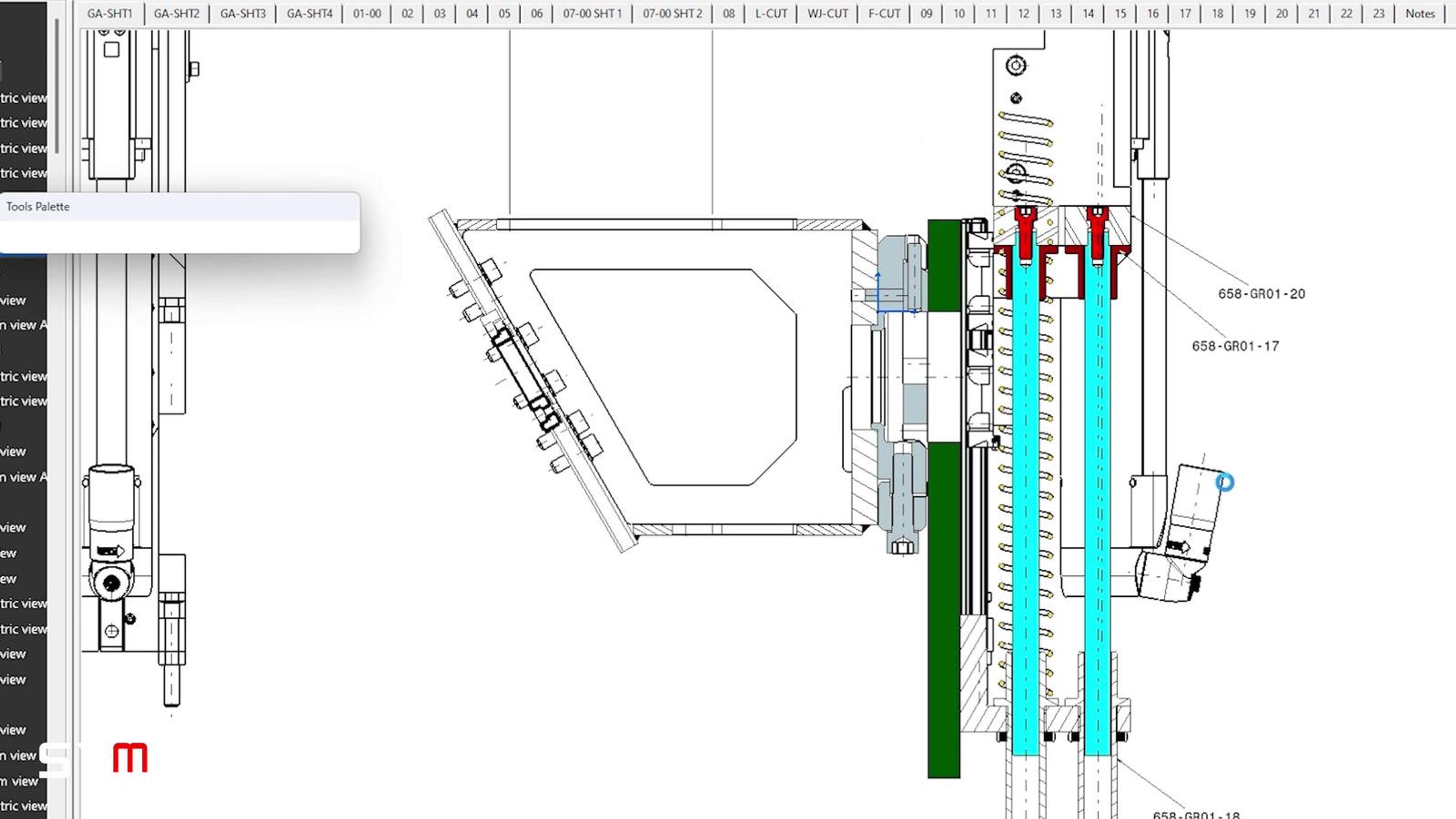 Close view of a technical drawing with red highlights