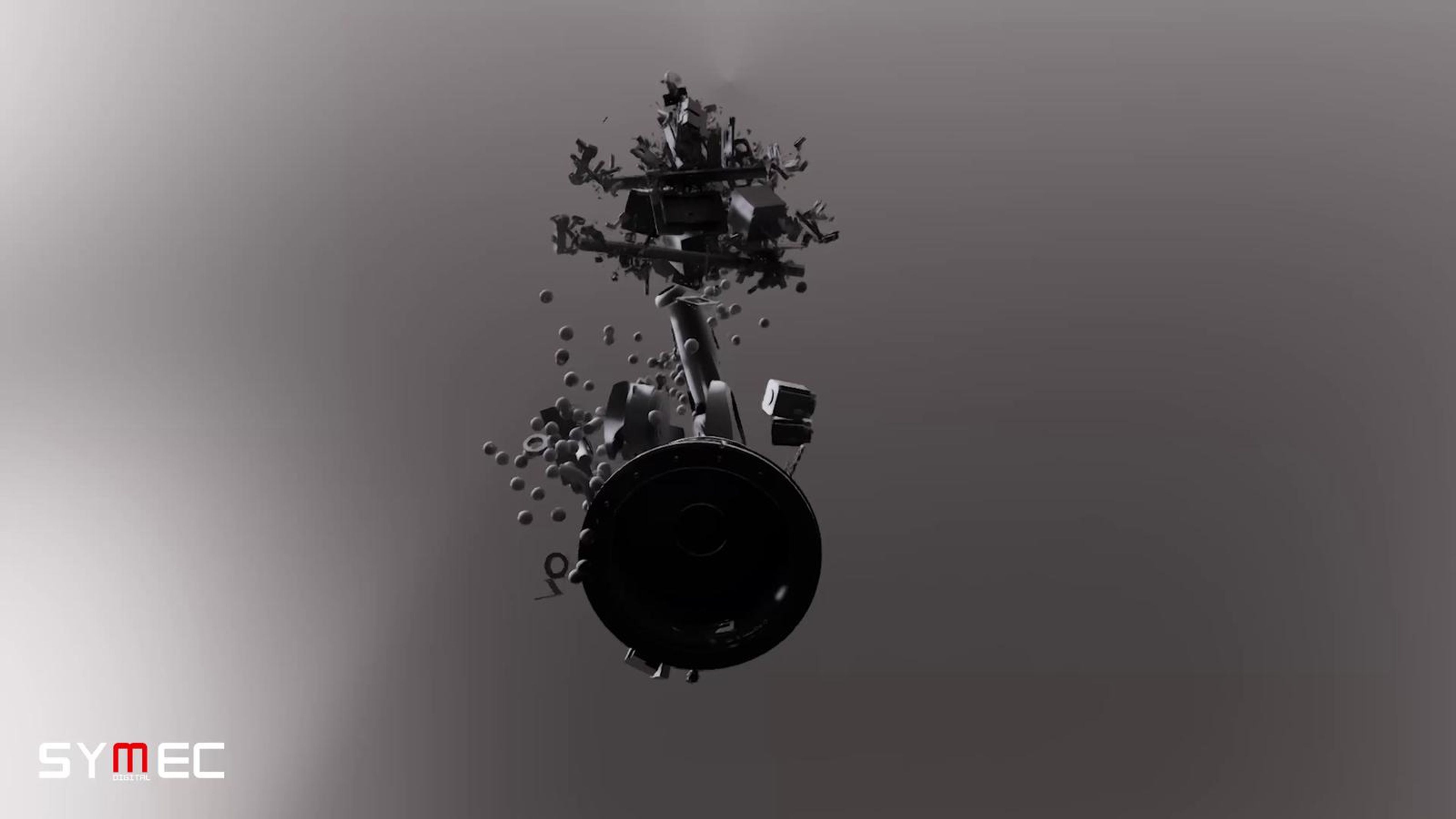 Fragments of a robot floating around a black sphere