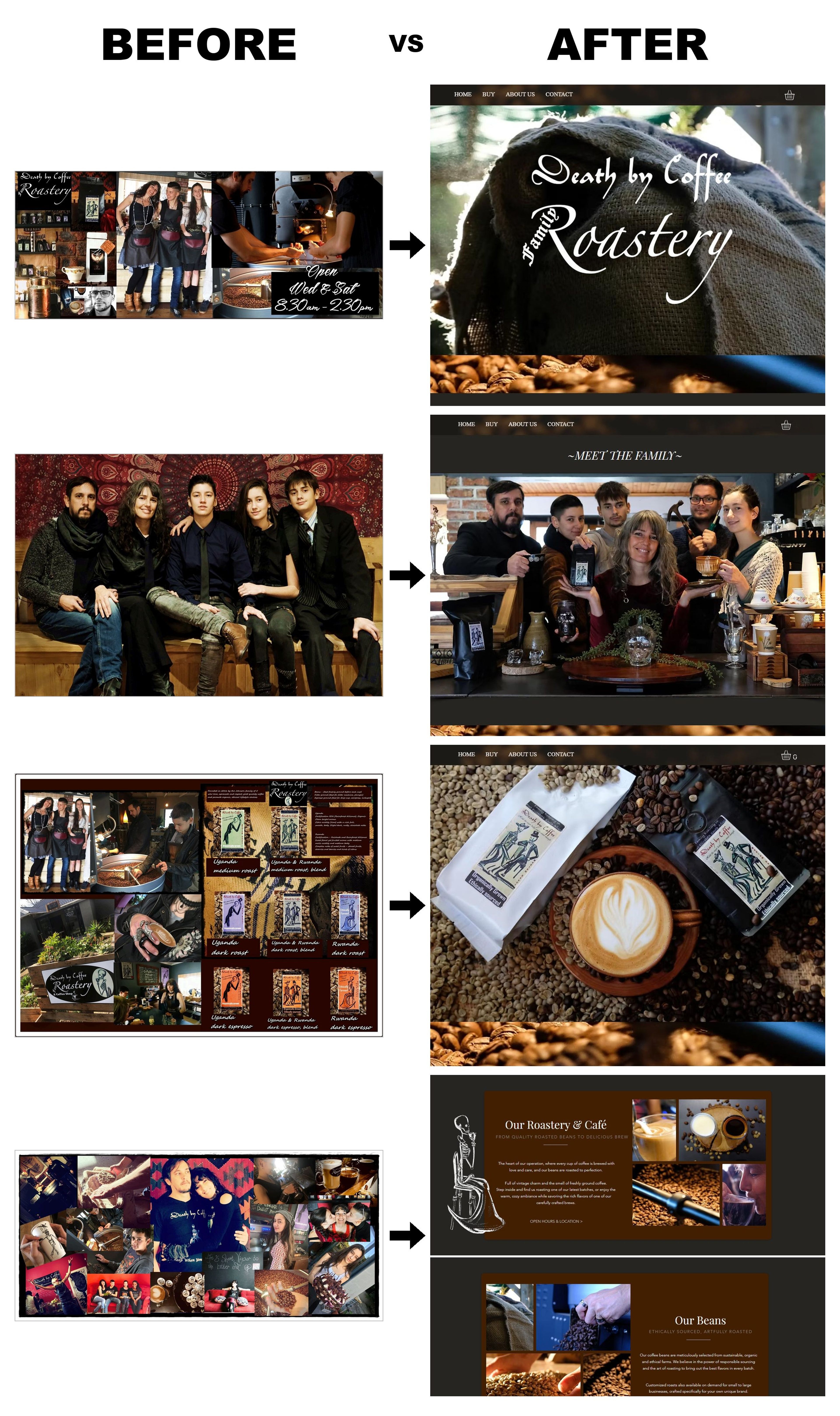 Death By Coffee website before and after comparison, old Squarespace collage pages beside the new dark rustic pages