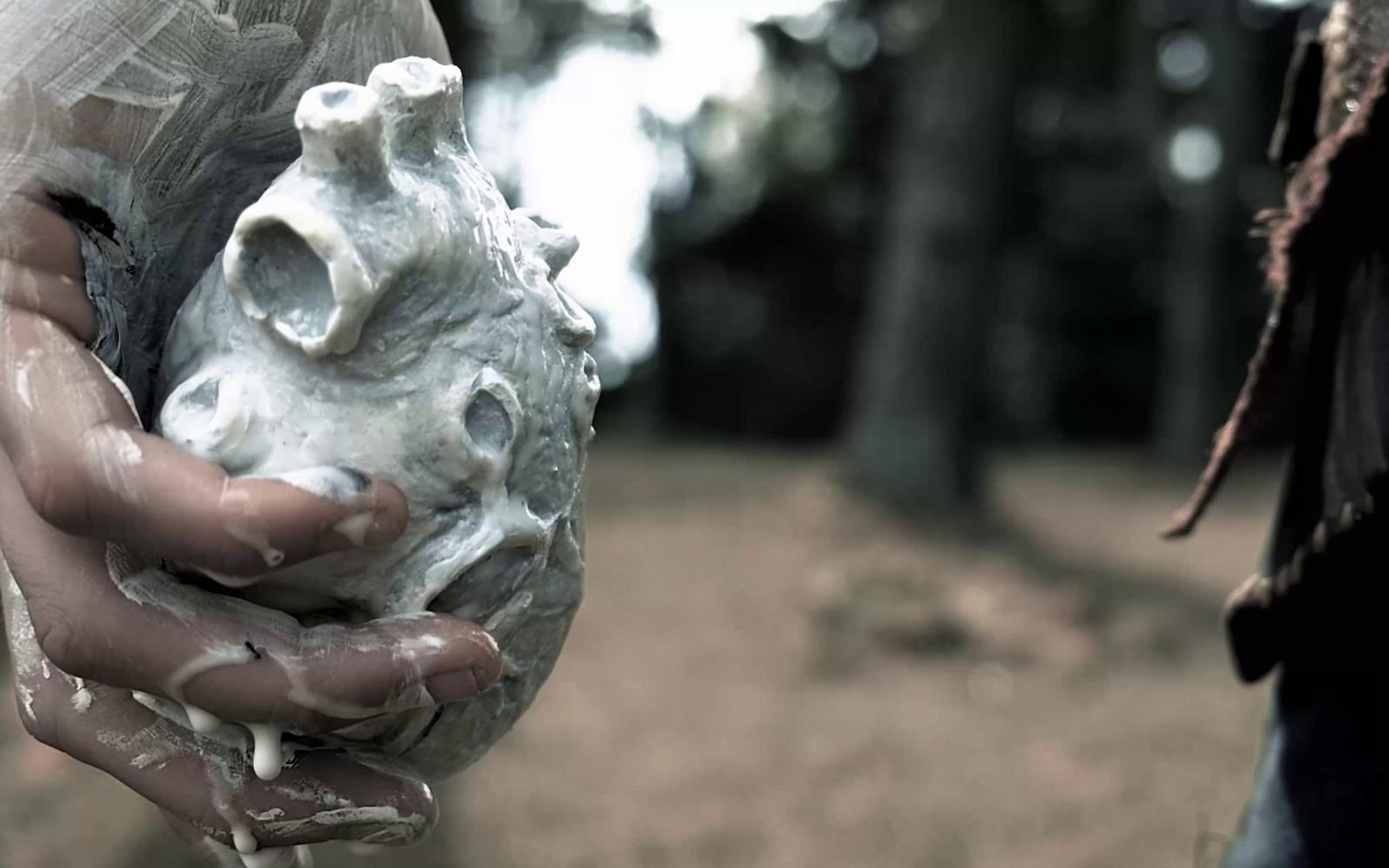 Hands holding a pale pitted skull in a grey forest clearing