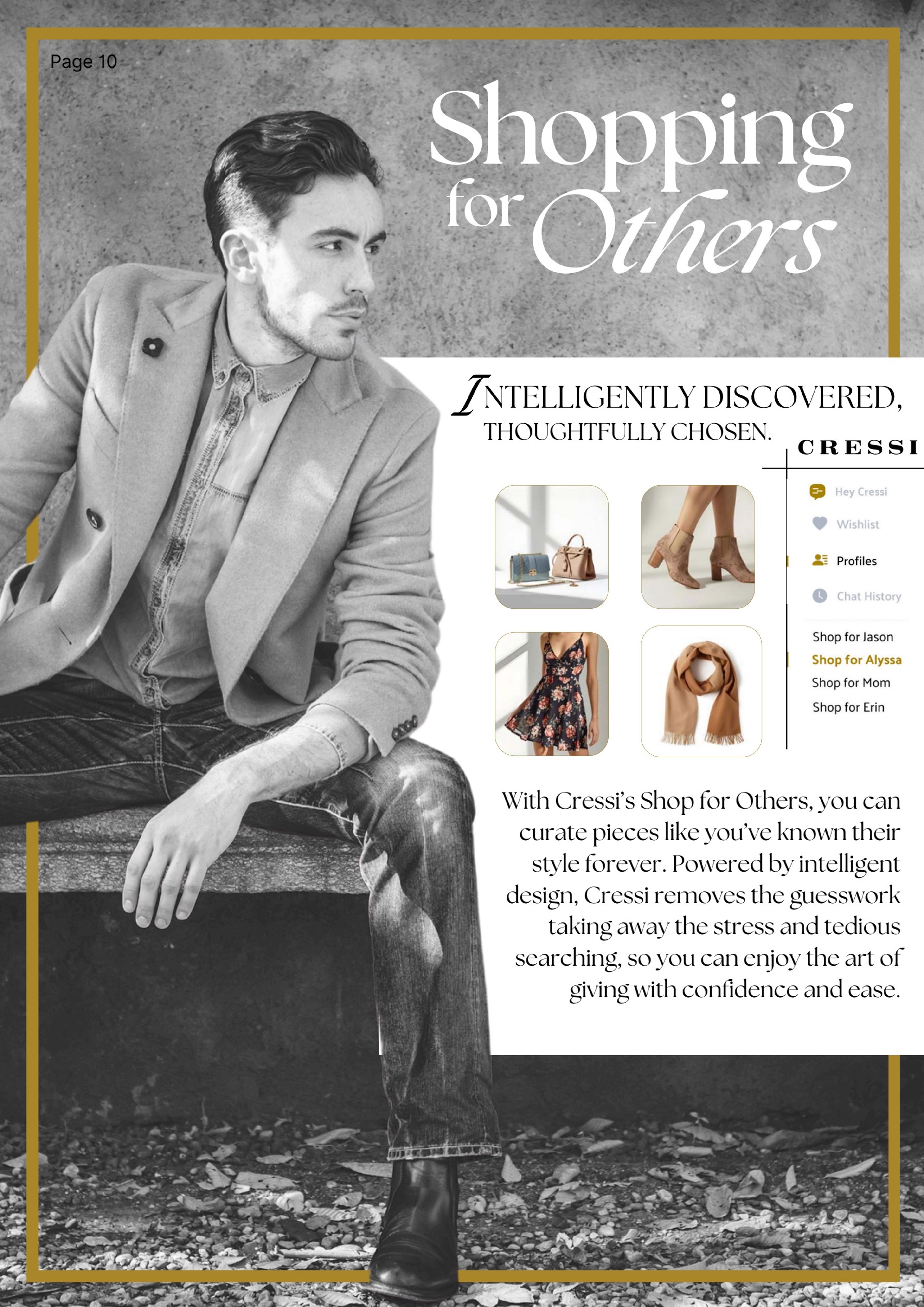 Page 10, 'Shopping for others', a black-and-white portrait of a man with the CRESSI Shop for Others menu on a phone
