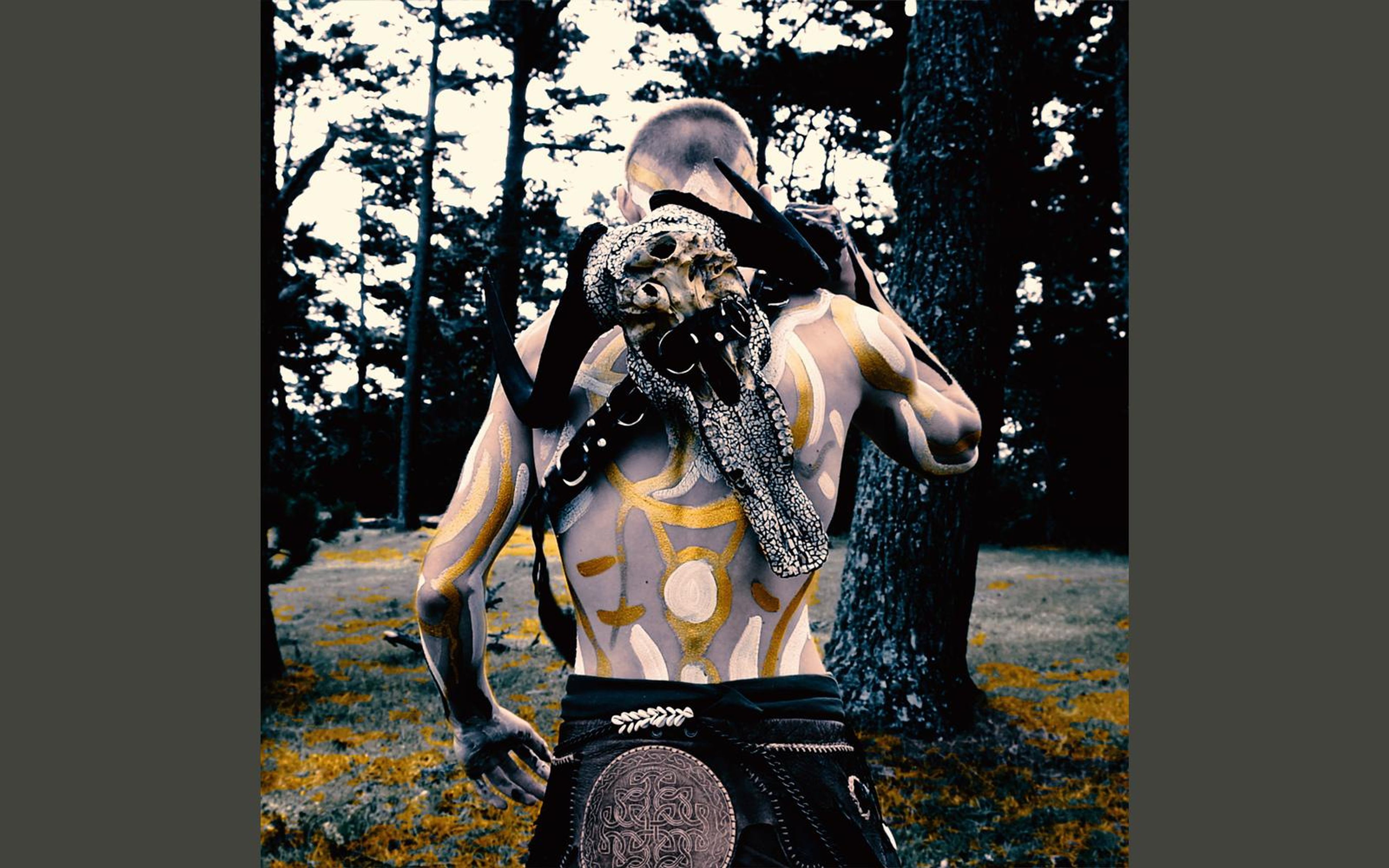 Performer from behind with a skull on the back, gold patterns, dark pines and golden-lit grass in the background