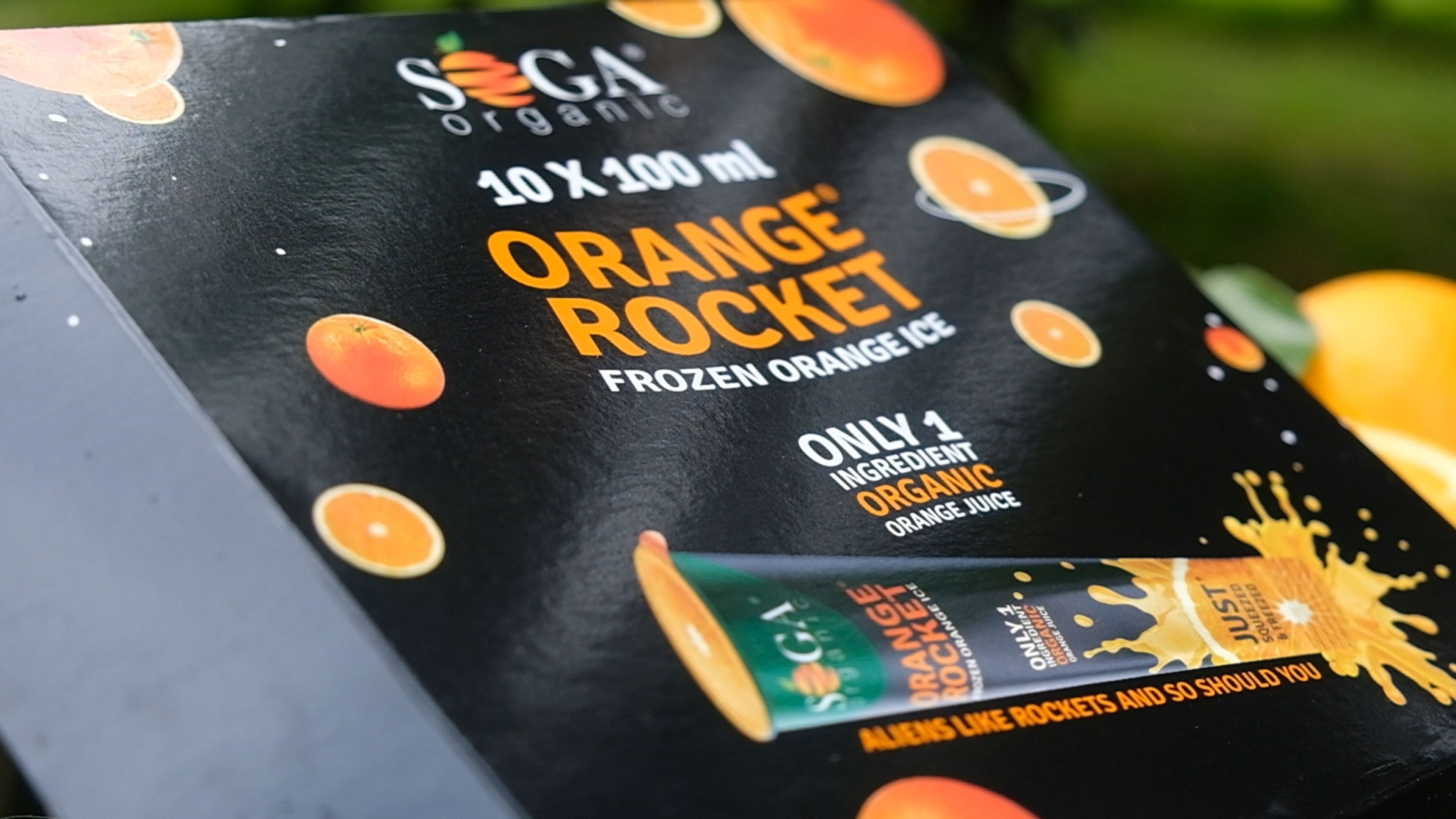 Close-up of the SOGA Orange Rocket frozen orange ice box