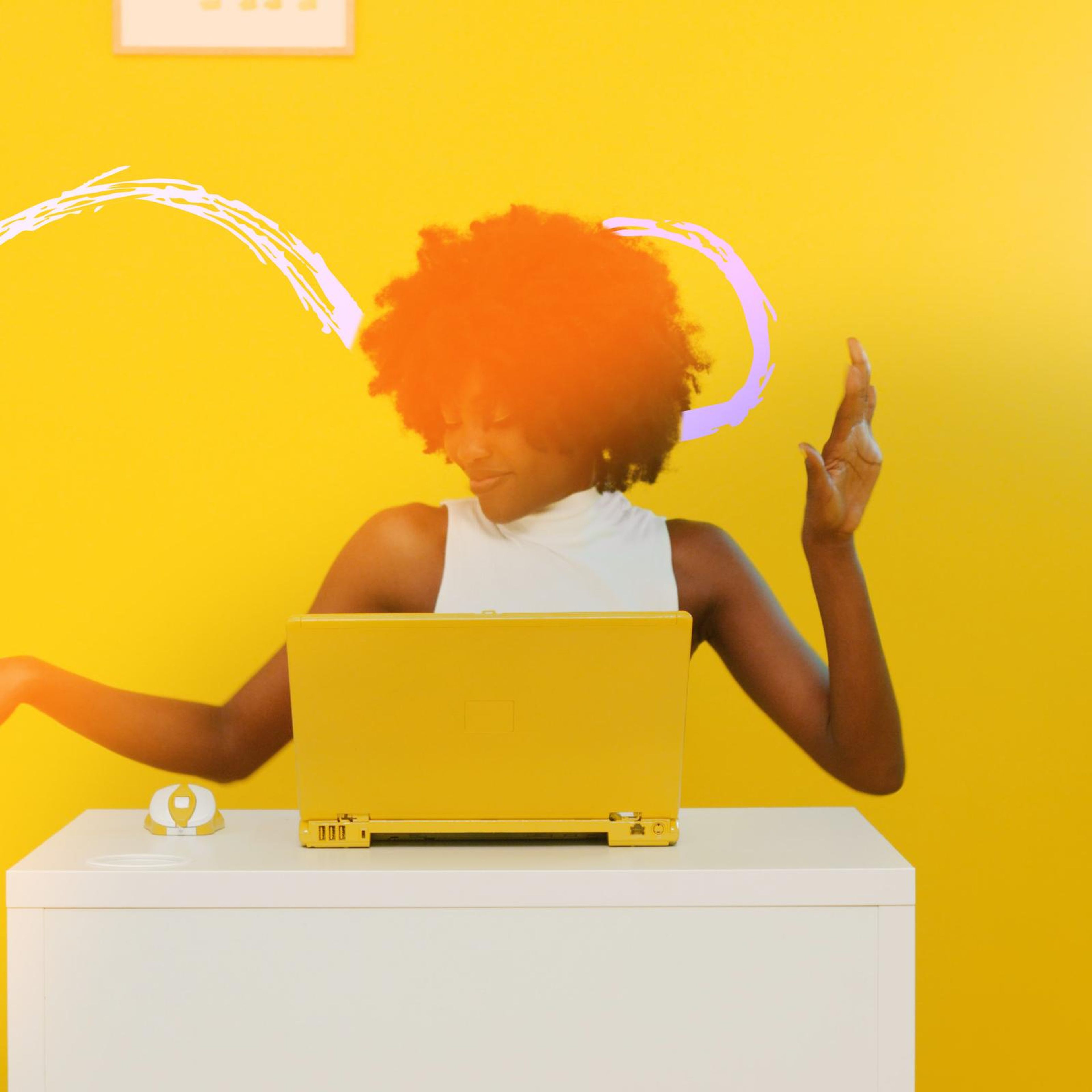 Square frame of a person dancing at a yellow desk with a laptop and swirling graphics around their head