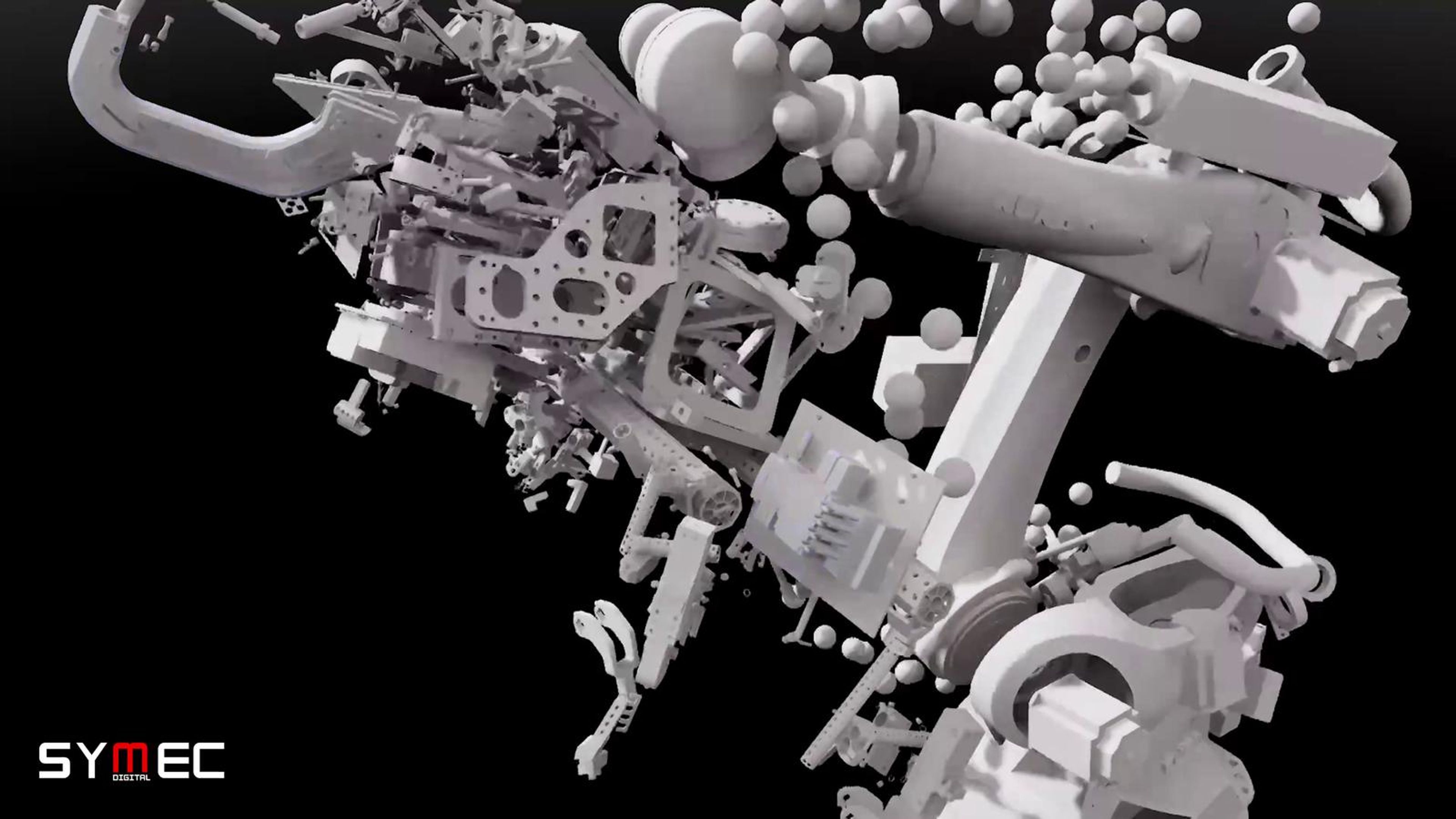 White machine parts exploding into view