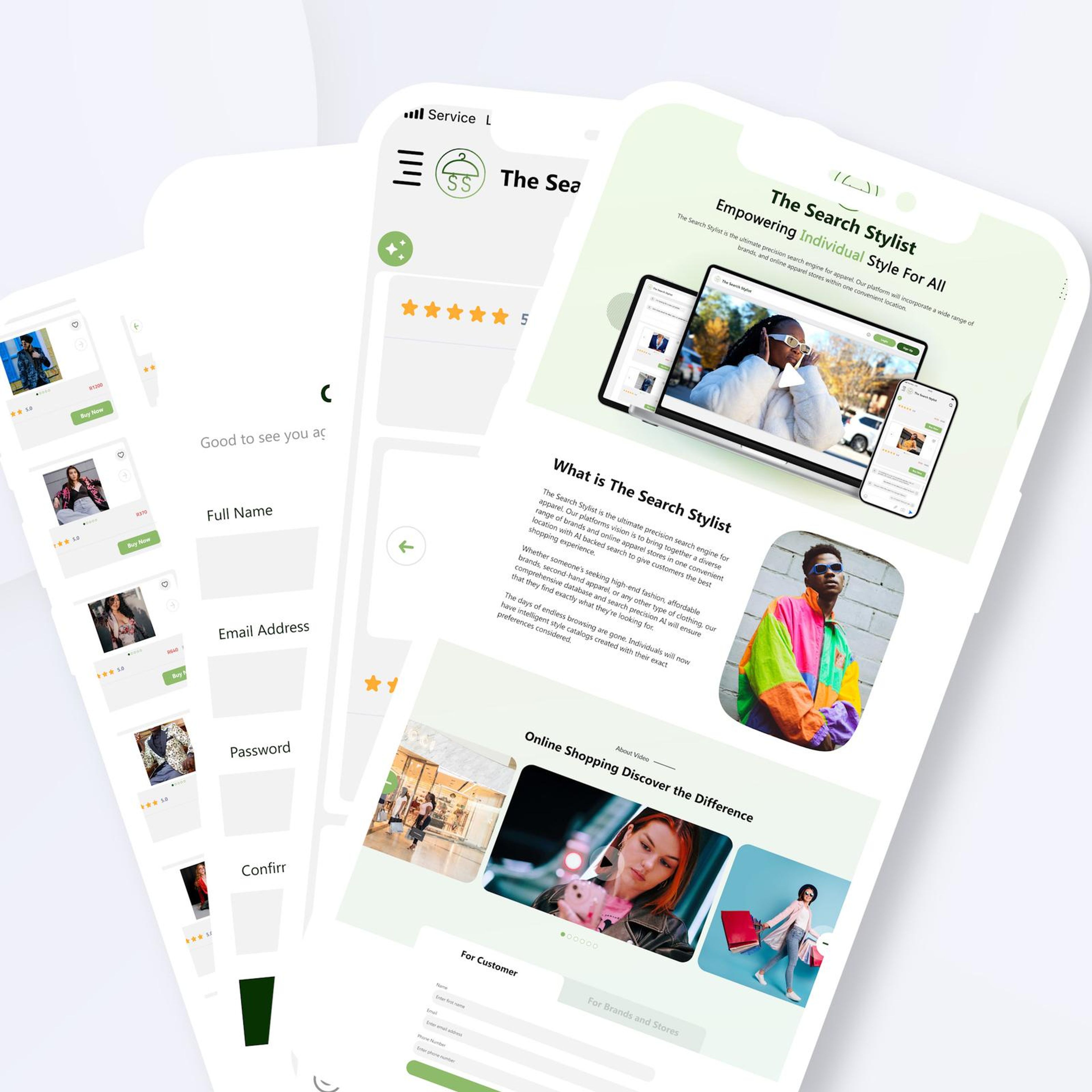 Square frame of fanned phone screens showing the app chat and product results