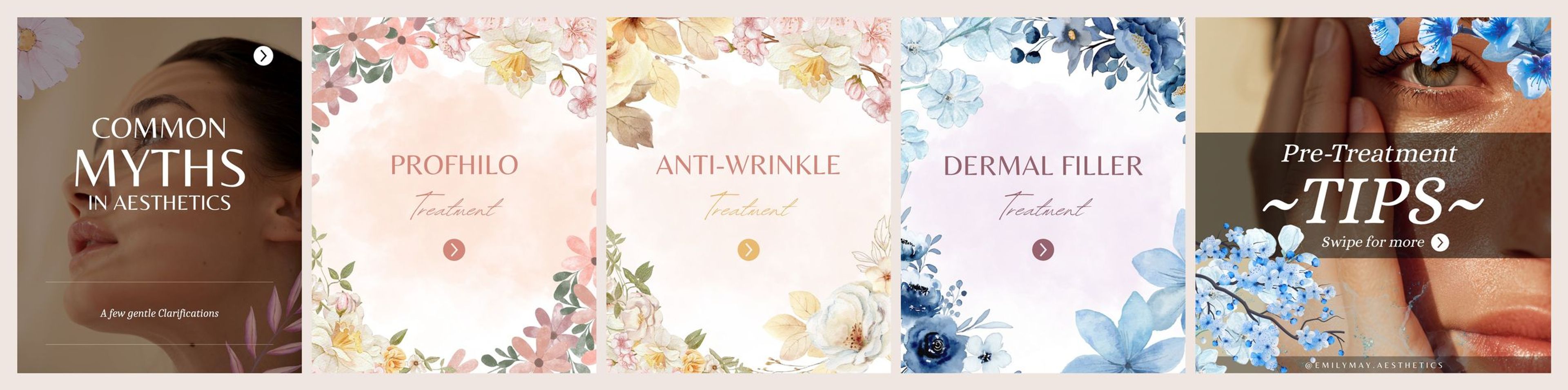 Cover slides from five educational carousels: common myths, Profhilo, anti-wrinkle, dermal filler and pre-treatment tips