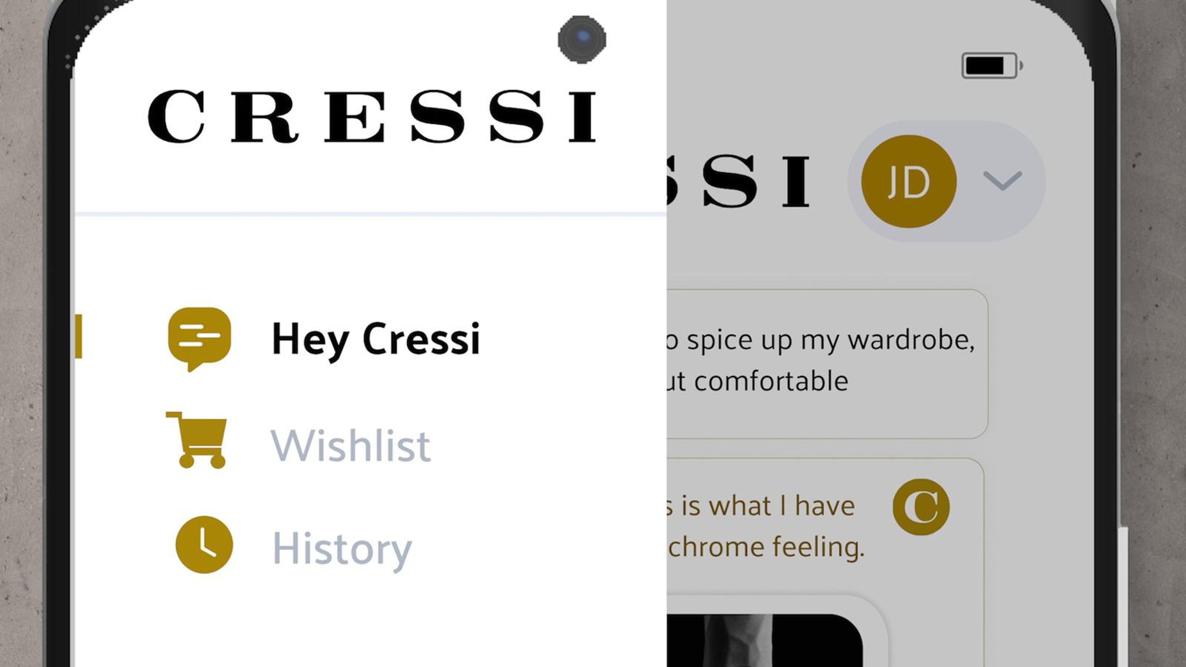 CRESSI side menu open to Hey Cressi, Wishlist and History