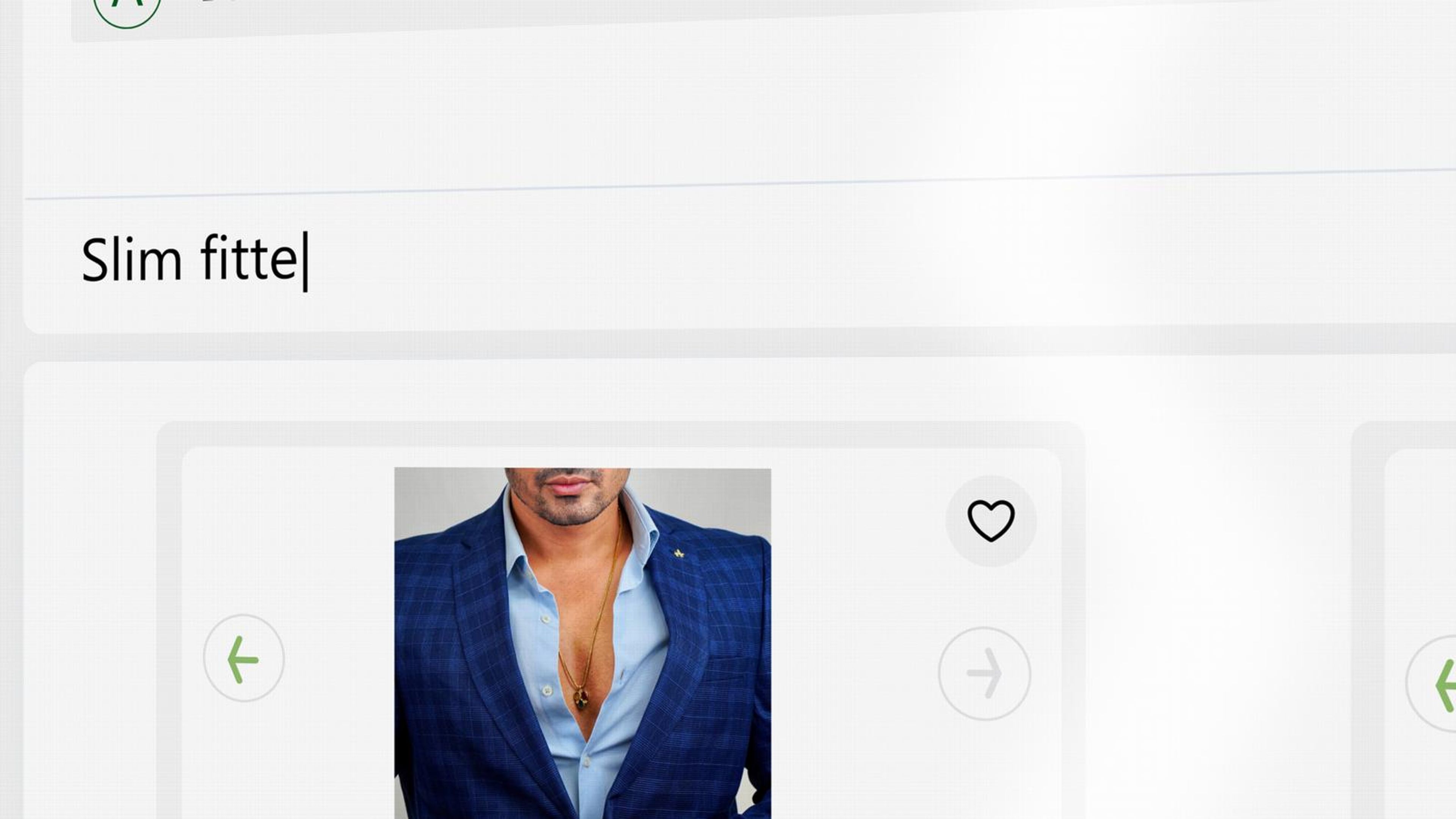 16:9 frame of a search box typing slim fit above a product card
