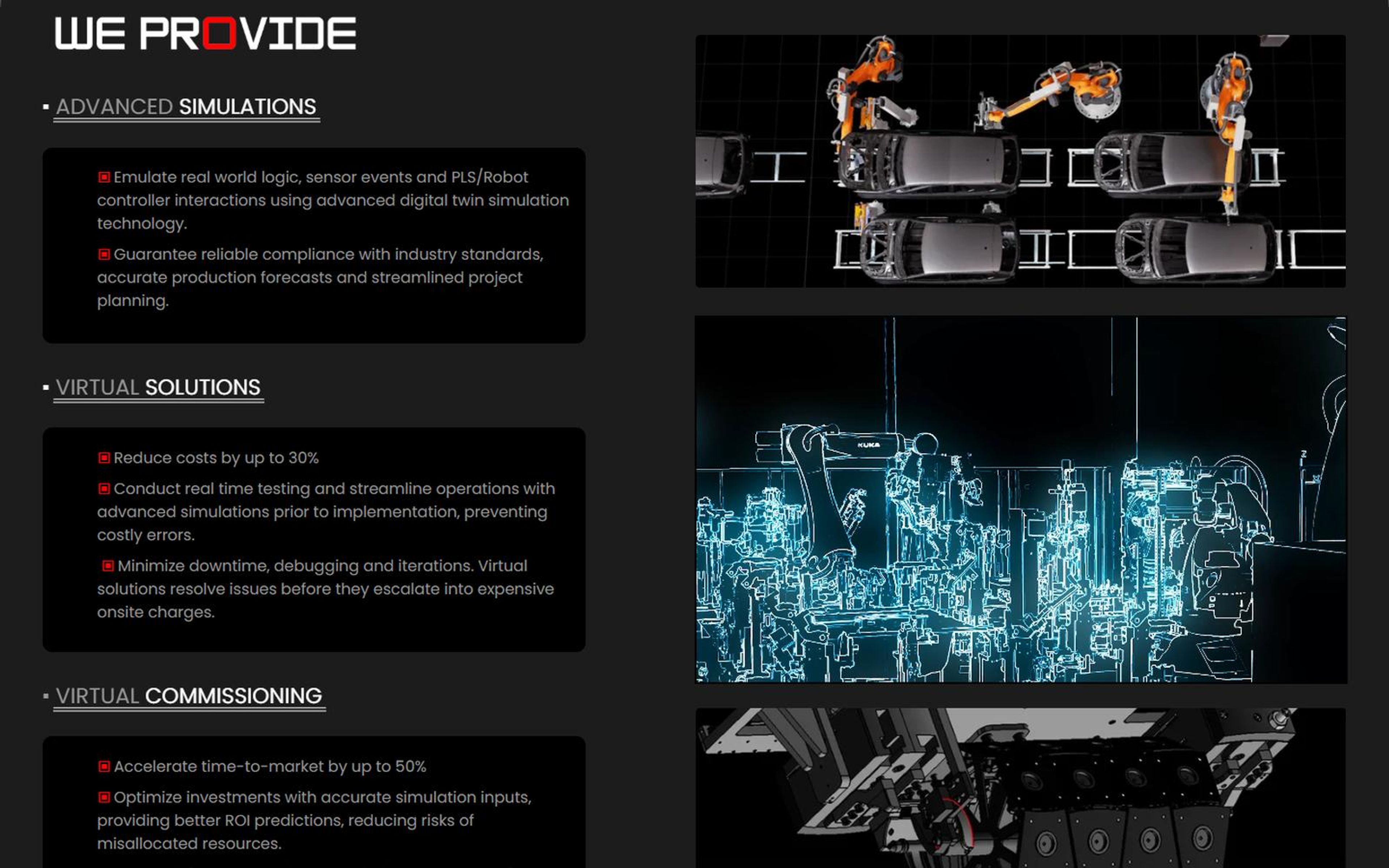 Home page We Provide section on advanced simulations, virtual solutions and virtual commissioning beside neon simulation images