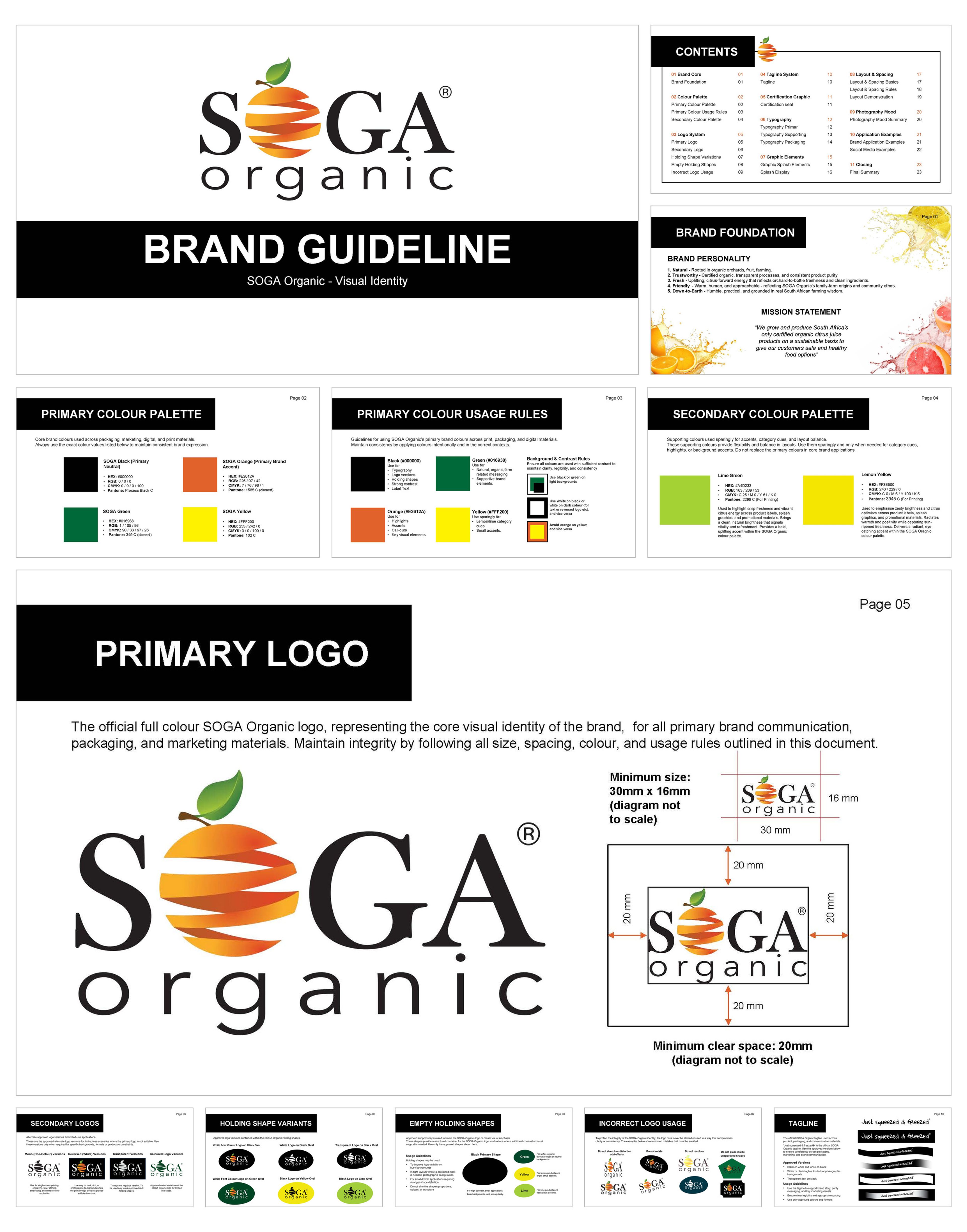 SOGA Organic brand guidelines, pages 1 to 12: cover, contents, brand foundation, primary and secondary colour palettes, colour usage rules, primary logo, secondary logos, holding shapes, incorrect logo usage and tagline