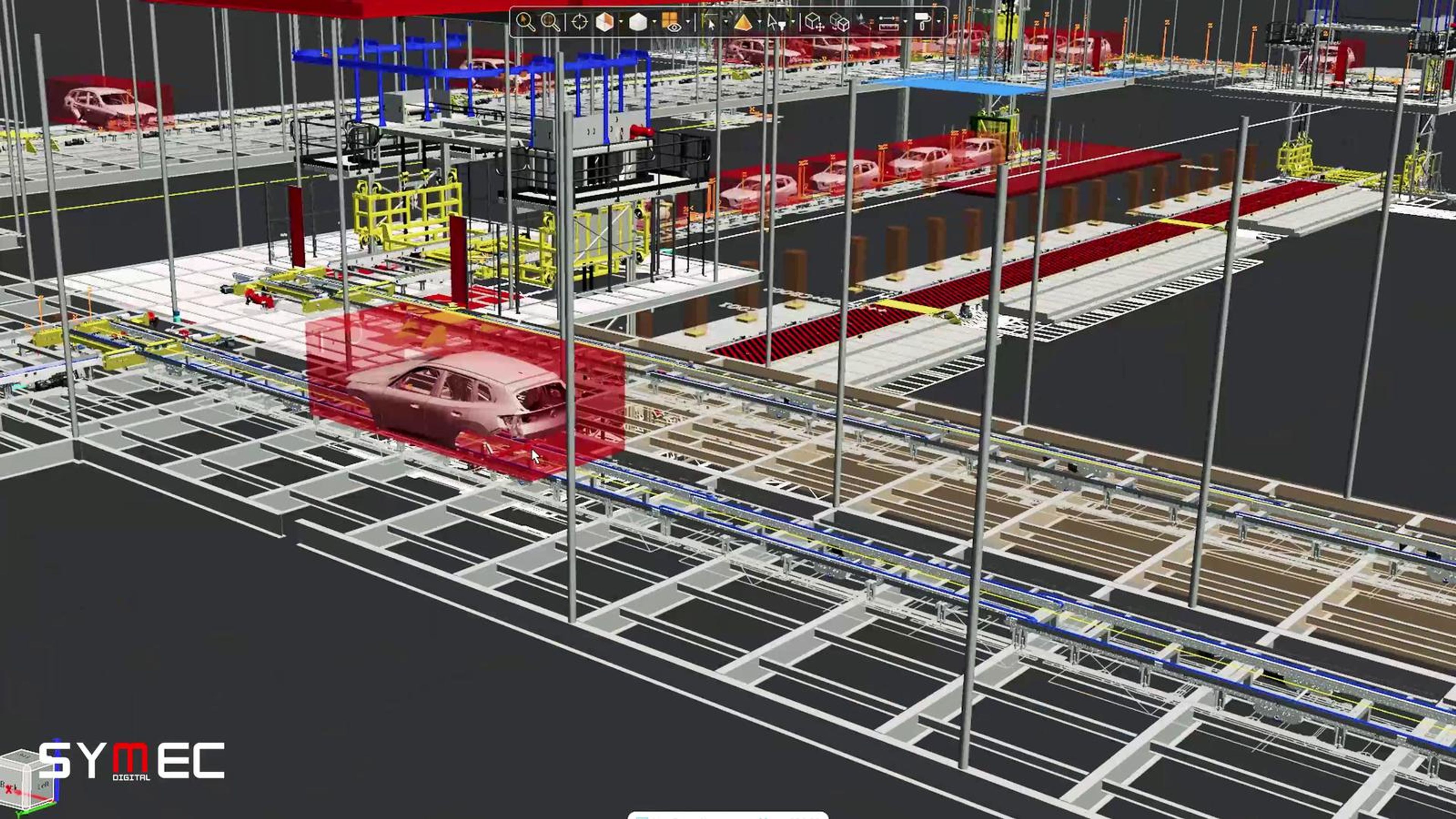 Cyan wireframe of a robot cell