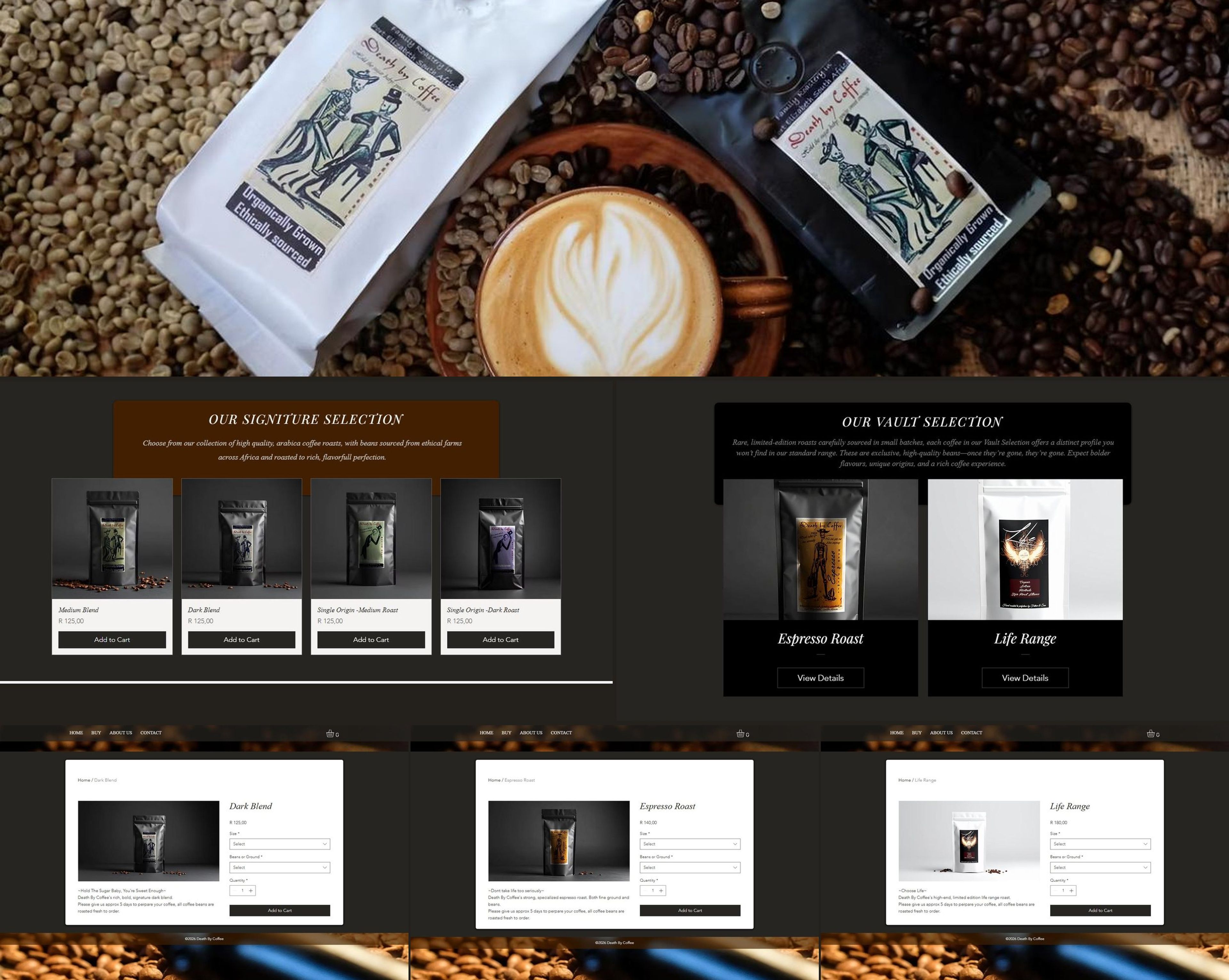 Death By Coffee Buy page with the signature selection, vault selection and product pages